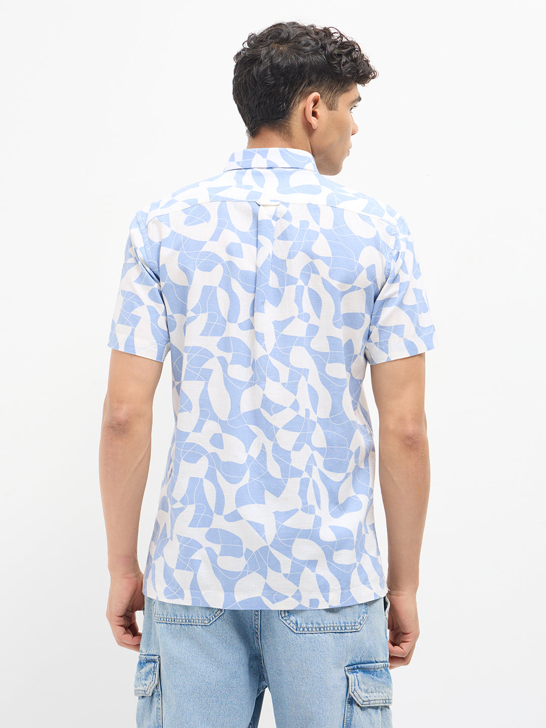 Muted Blue and White Printed Casual Shirt