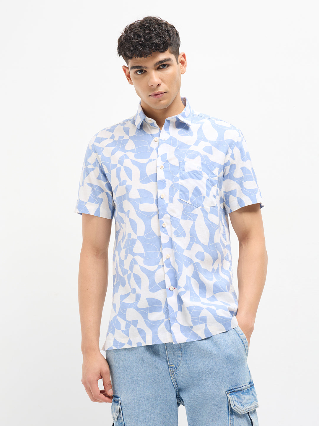 Muted Blue and White Printed Casual Shirt