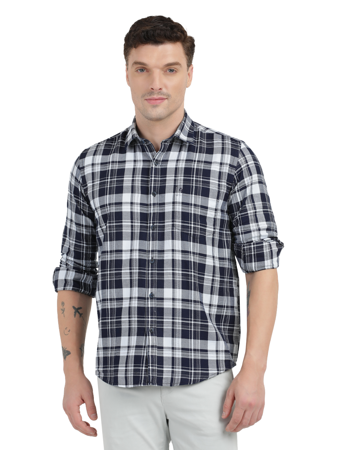 Navy Blue with White and Grey Checked Casual Shirt