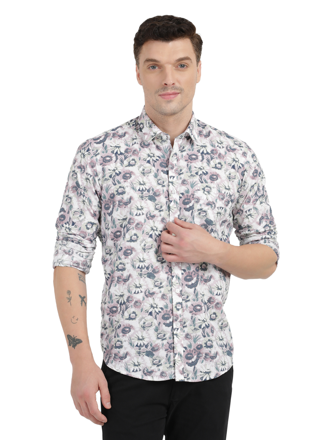 White with Pink Floral Printed Casual Shirt