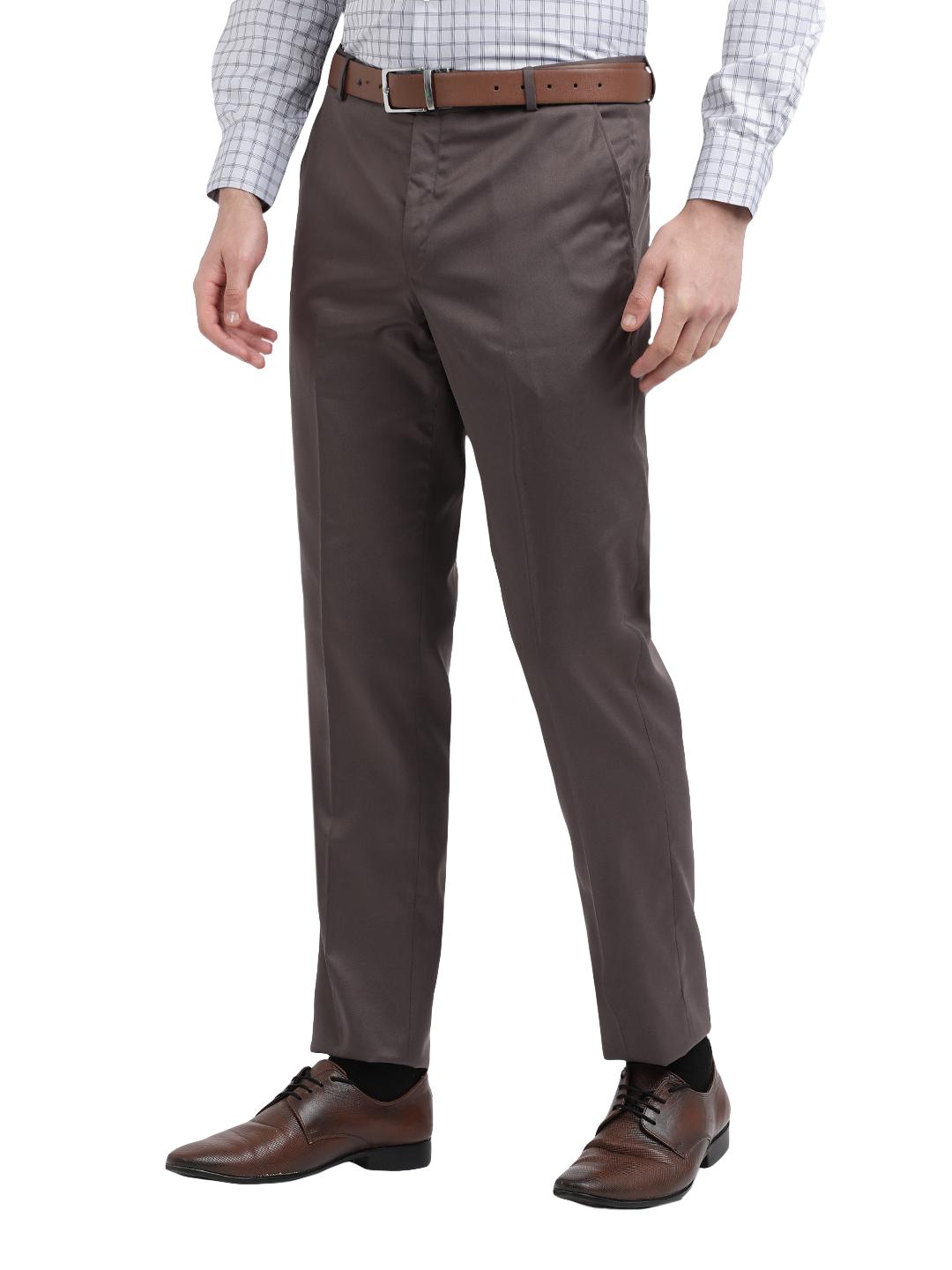 Model wearing Clarke Gable's Grey Sharp Fit Trousers in a casual setting