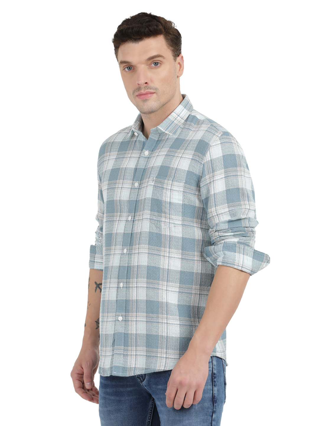 White with Sky Blue Checked Casual Shirt