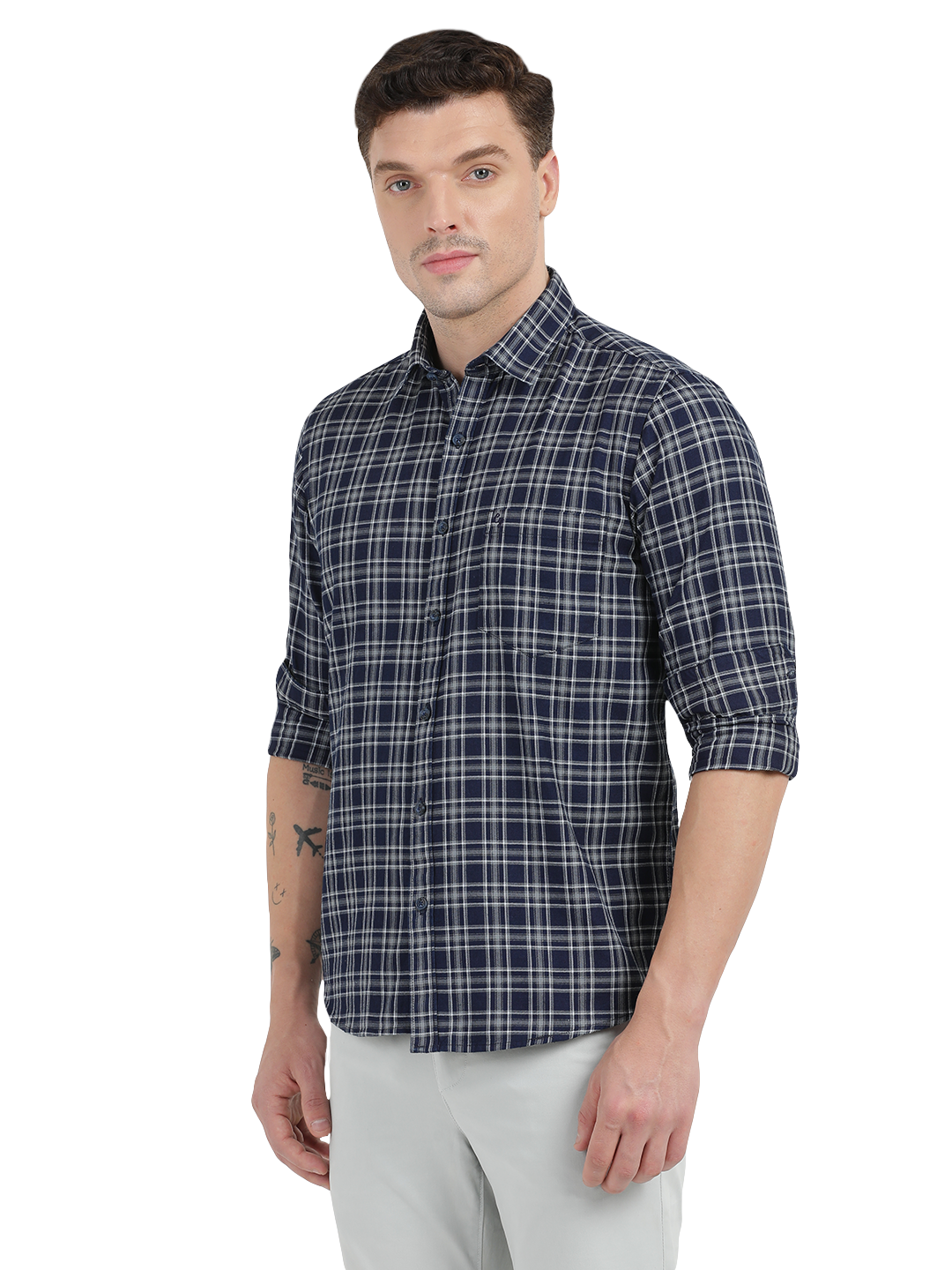 Blue with Grey Cheked Casual Shirt