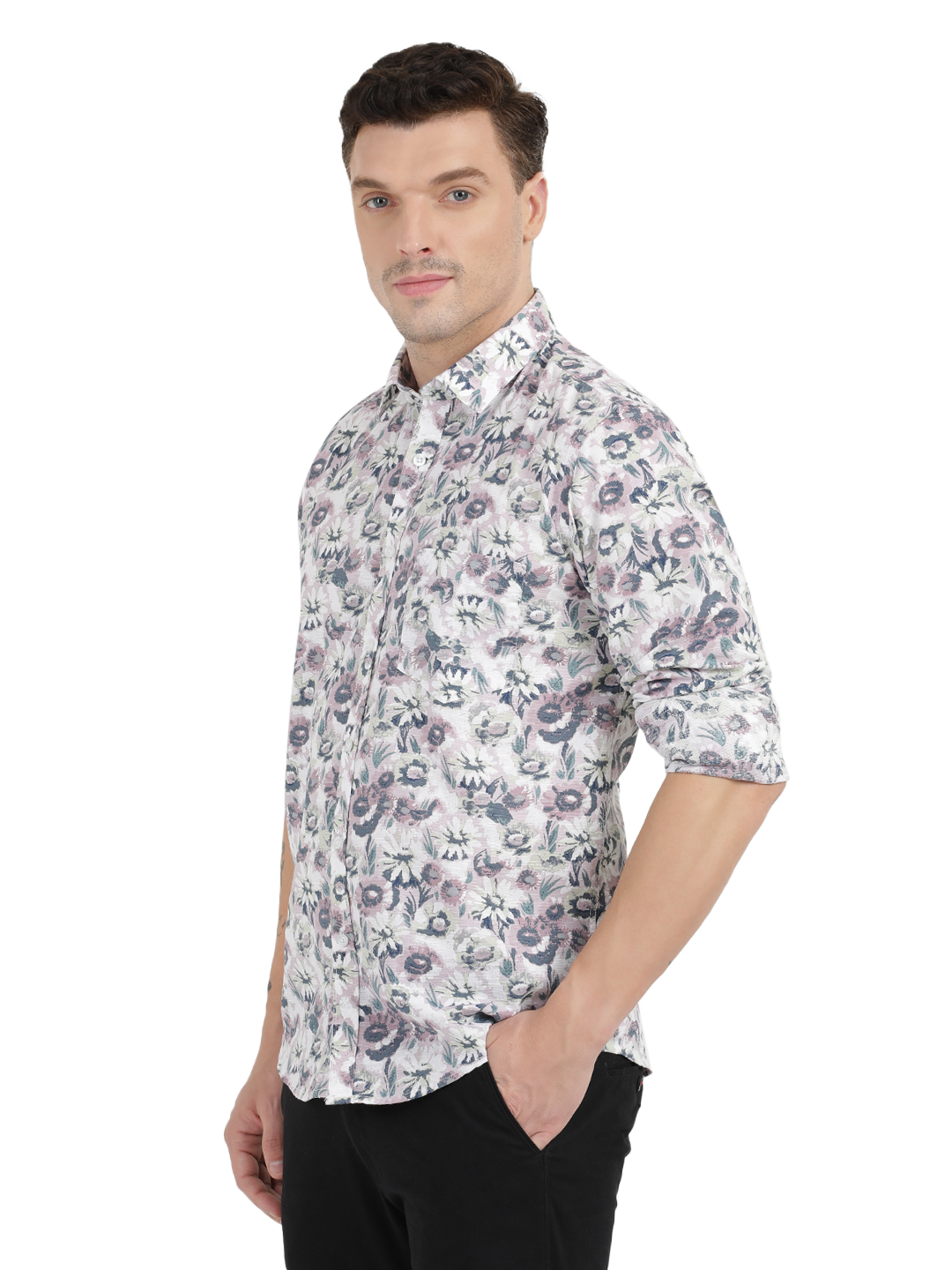 White with Pink Floral Printed Casual Shirt
