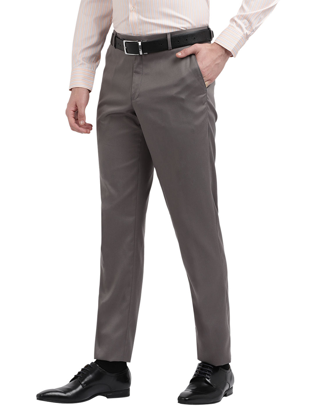 Model wearing Clarke Gable's Grey Casual Fit Trousers in a casual setting