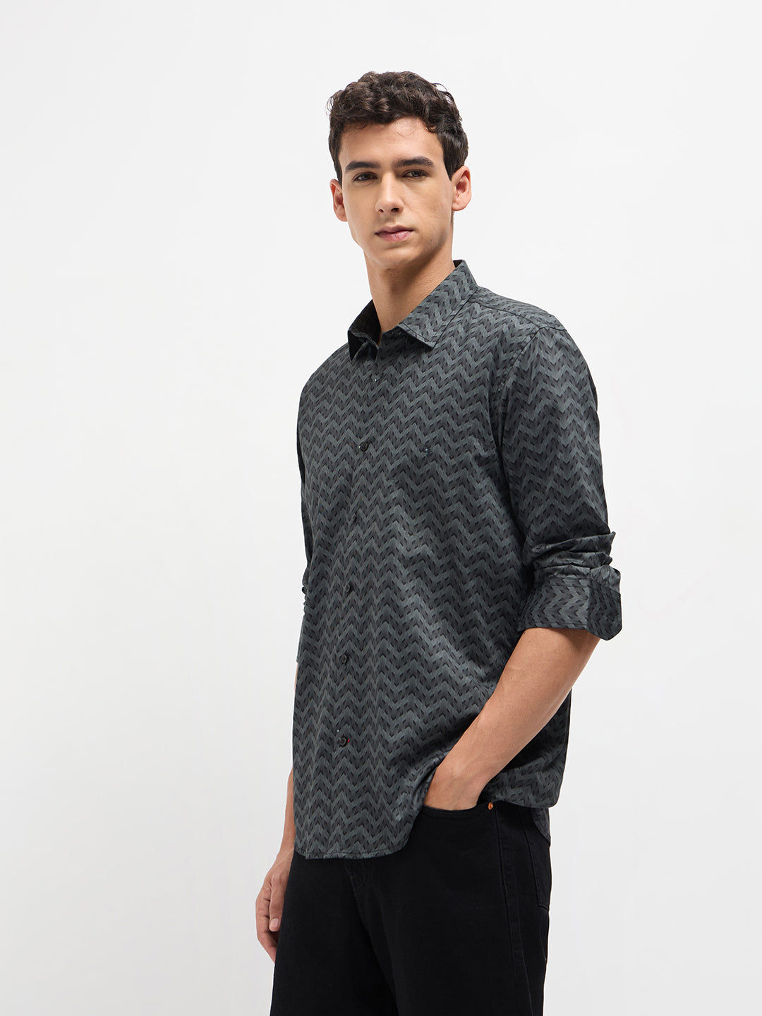 Graphite Grey and Black Geometric Printed Casual Shirt