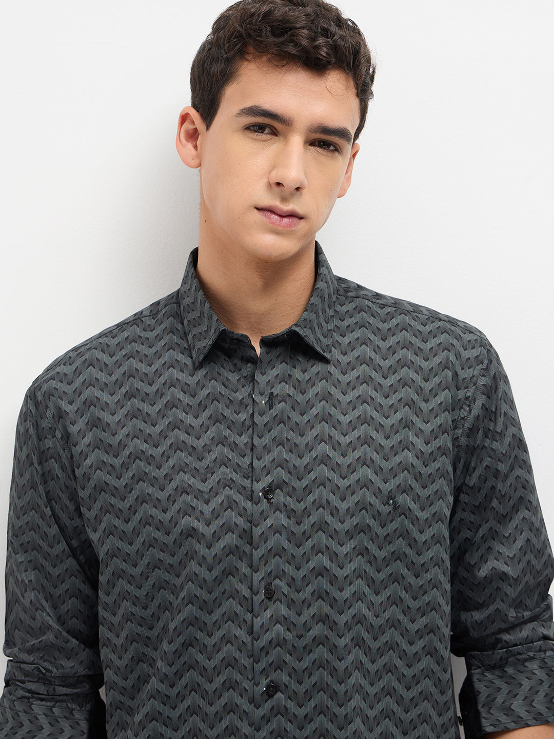 Graphite Grey and Black Geometric Printed Casual Shirt