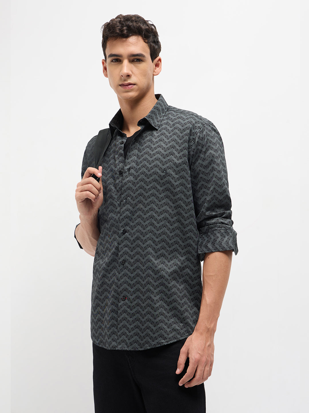Graphite Grey and Black Geometric Printed Casual Shirt