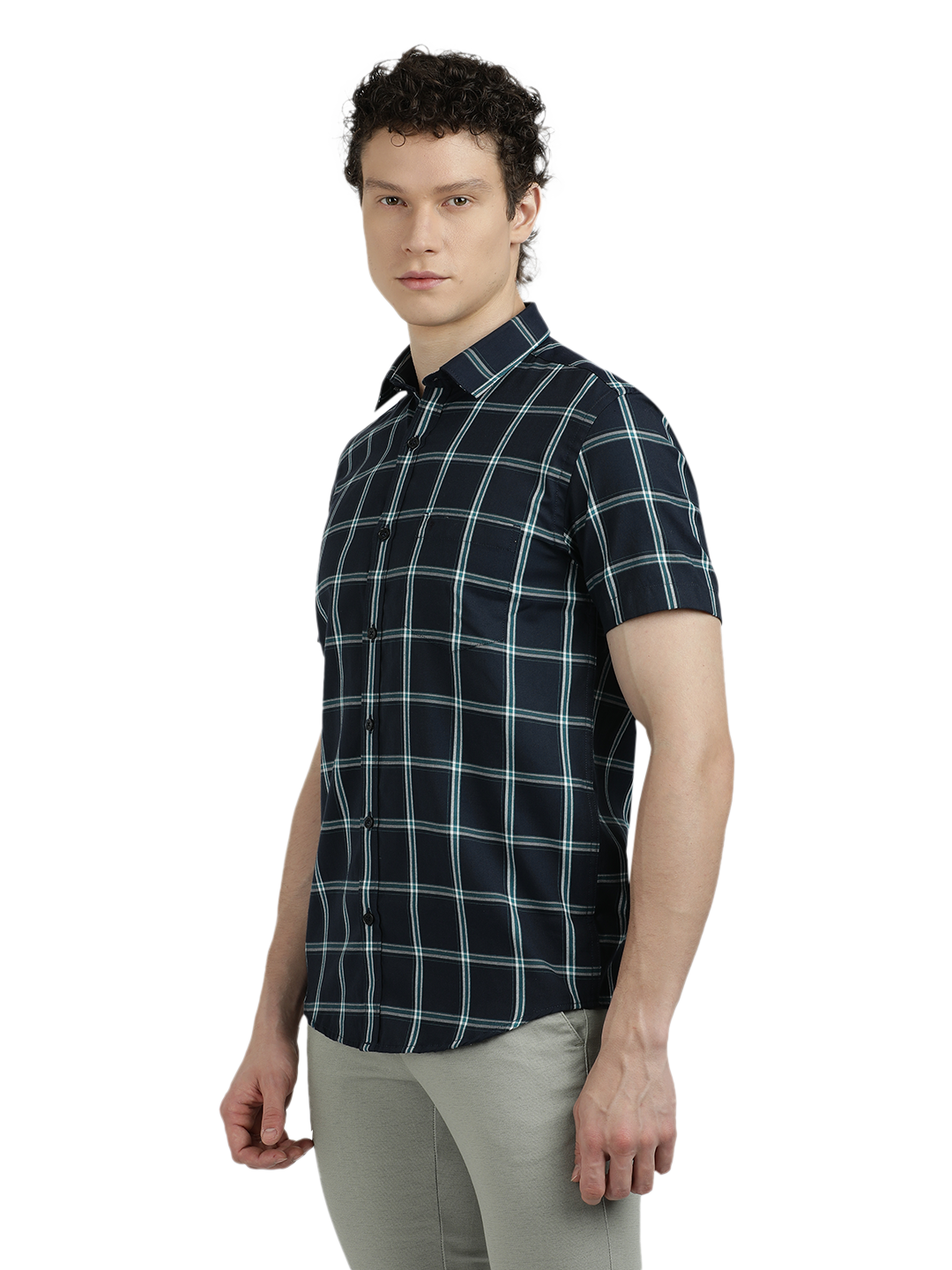 Navy Blue With Green Checked Casual Shirt