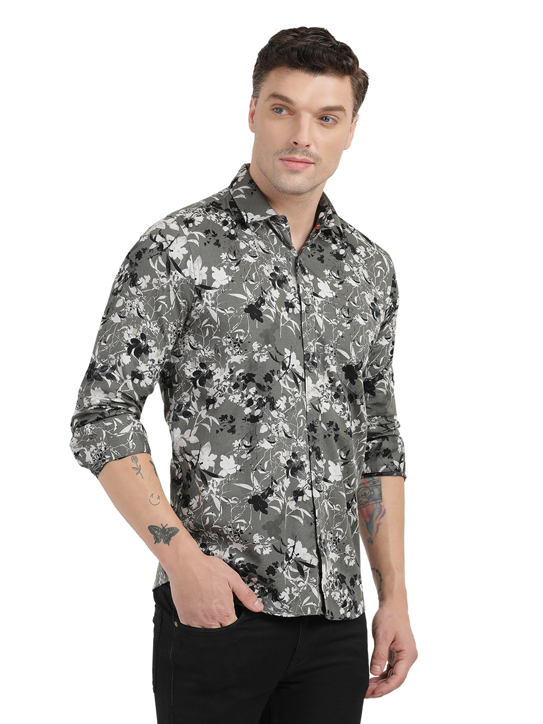 Grey with White and Black Casual Shirt