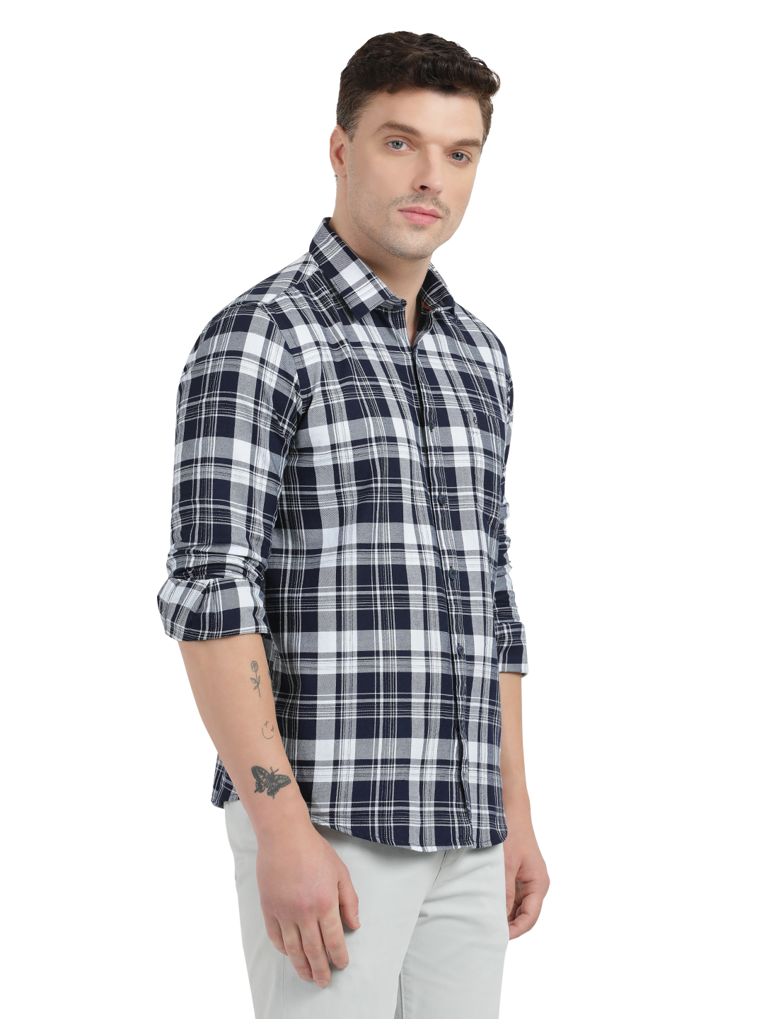 Navy Blue with White and Grey Checked Casual Shirt