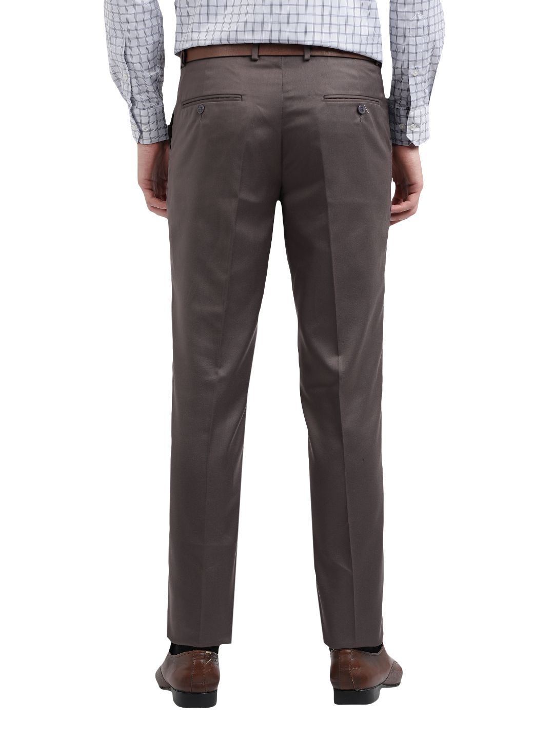 Model wearing Clarke Gable's Grey Sharp Fit Trousers in a casual setting
