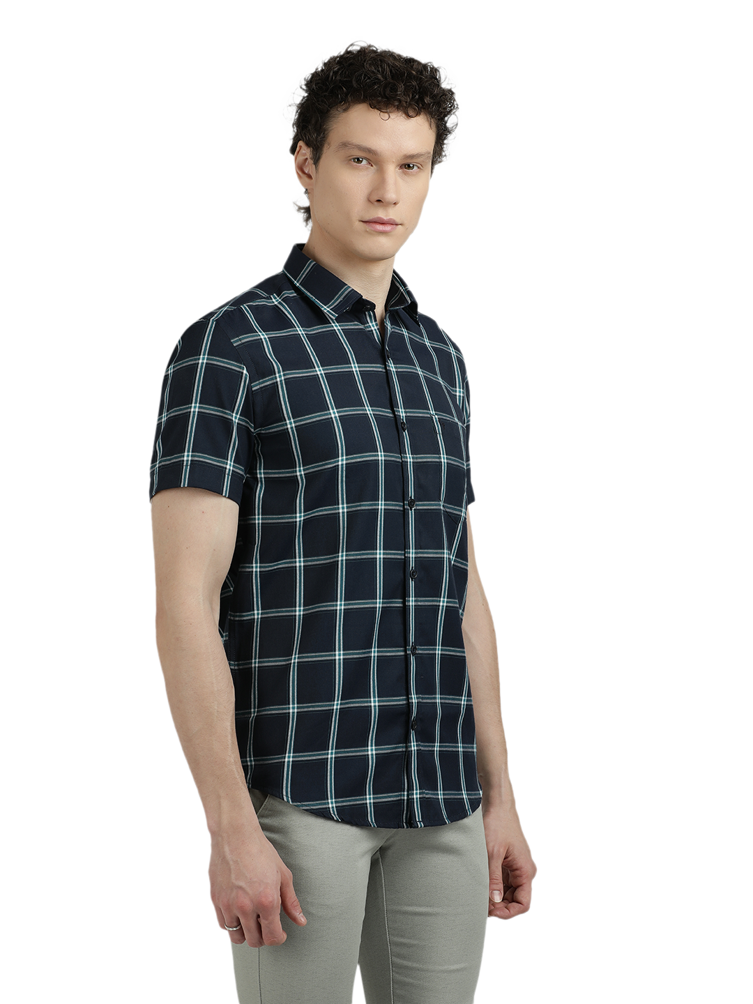 Navy Blue With Green Checked Casual Shirt