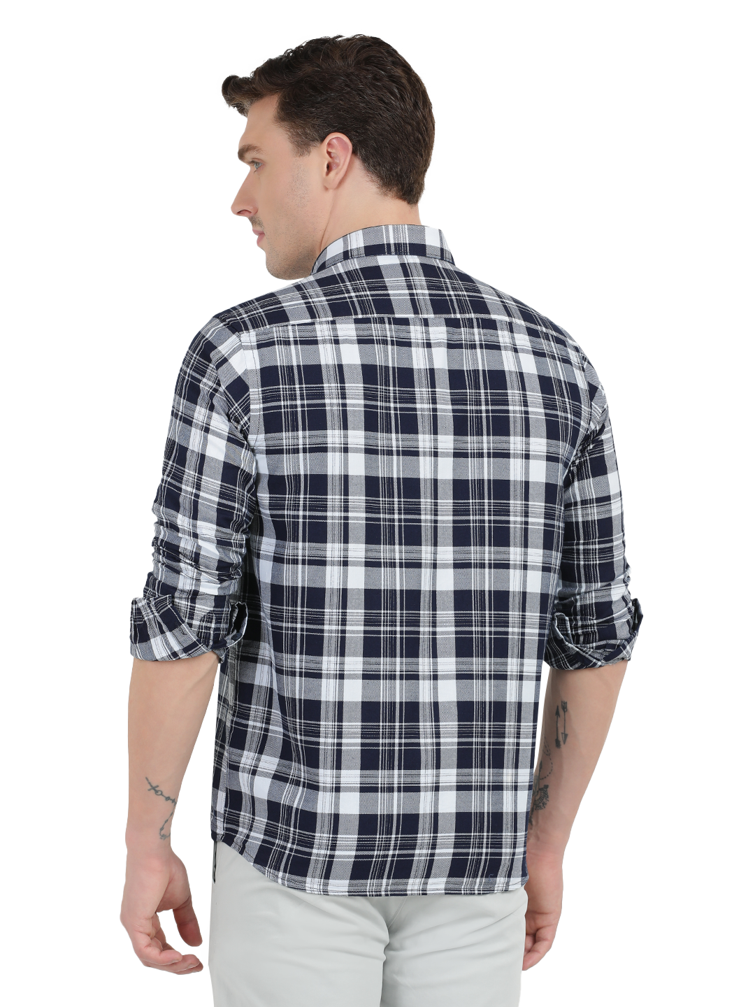 Navy Blue with White and Grey Checked Casual Shirt