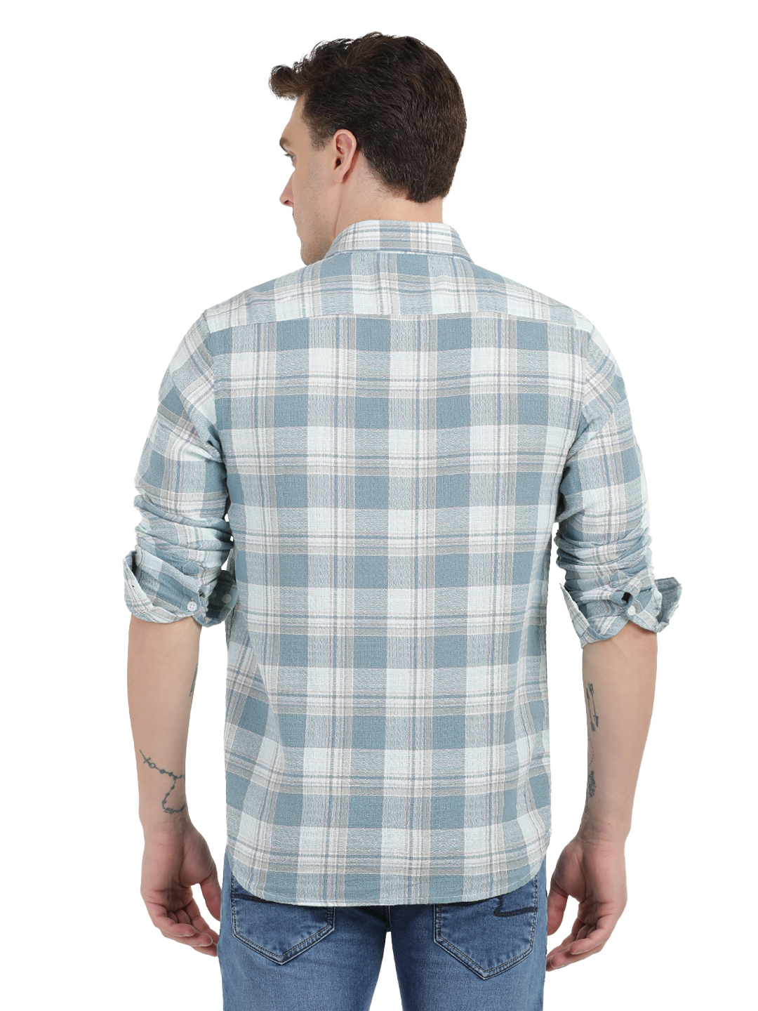 White with Sky Blue Checked Casual Shirt