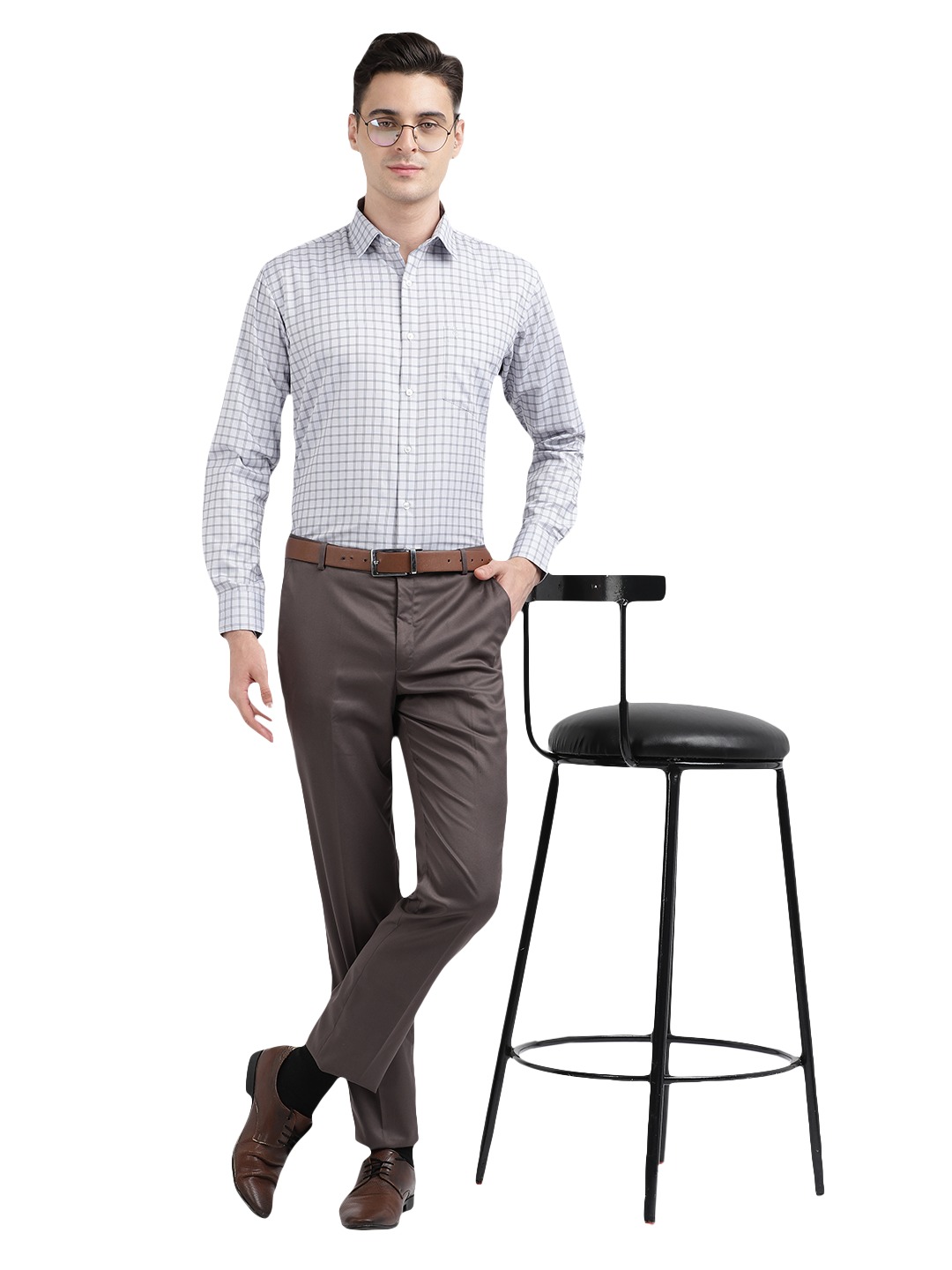 Model wearing Clarke Gable's Grey Sharp Fit Trousers in a casual setting