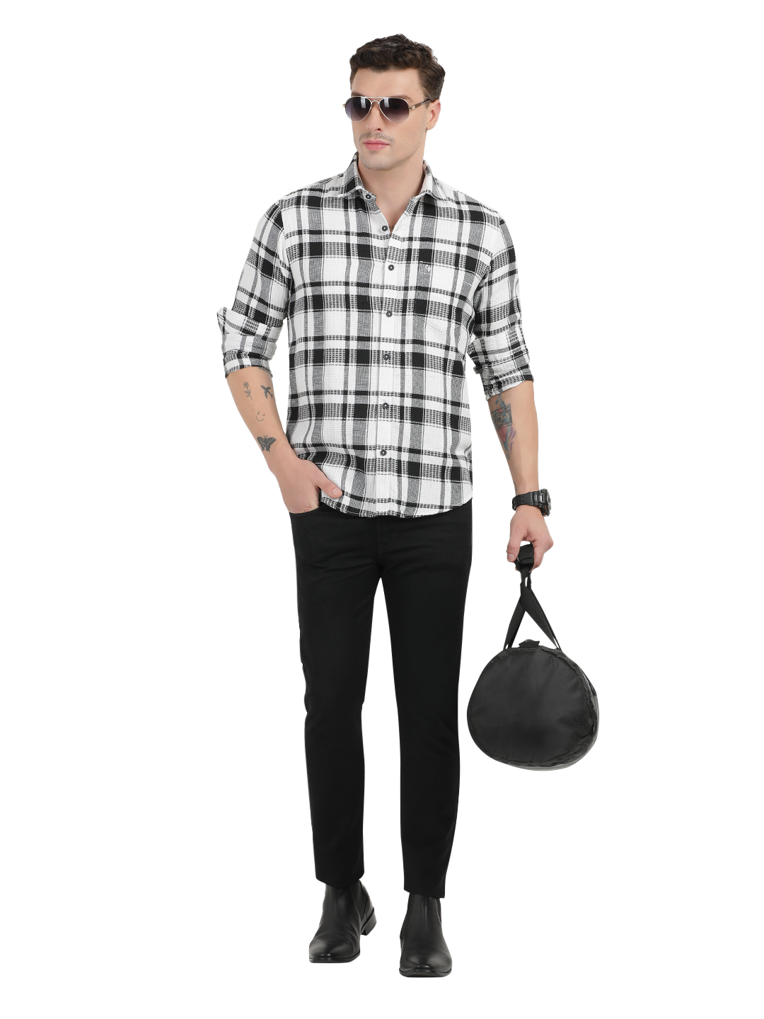 White with Black Checked Casual Shirt