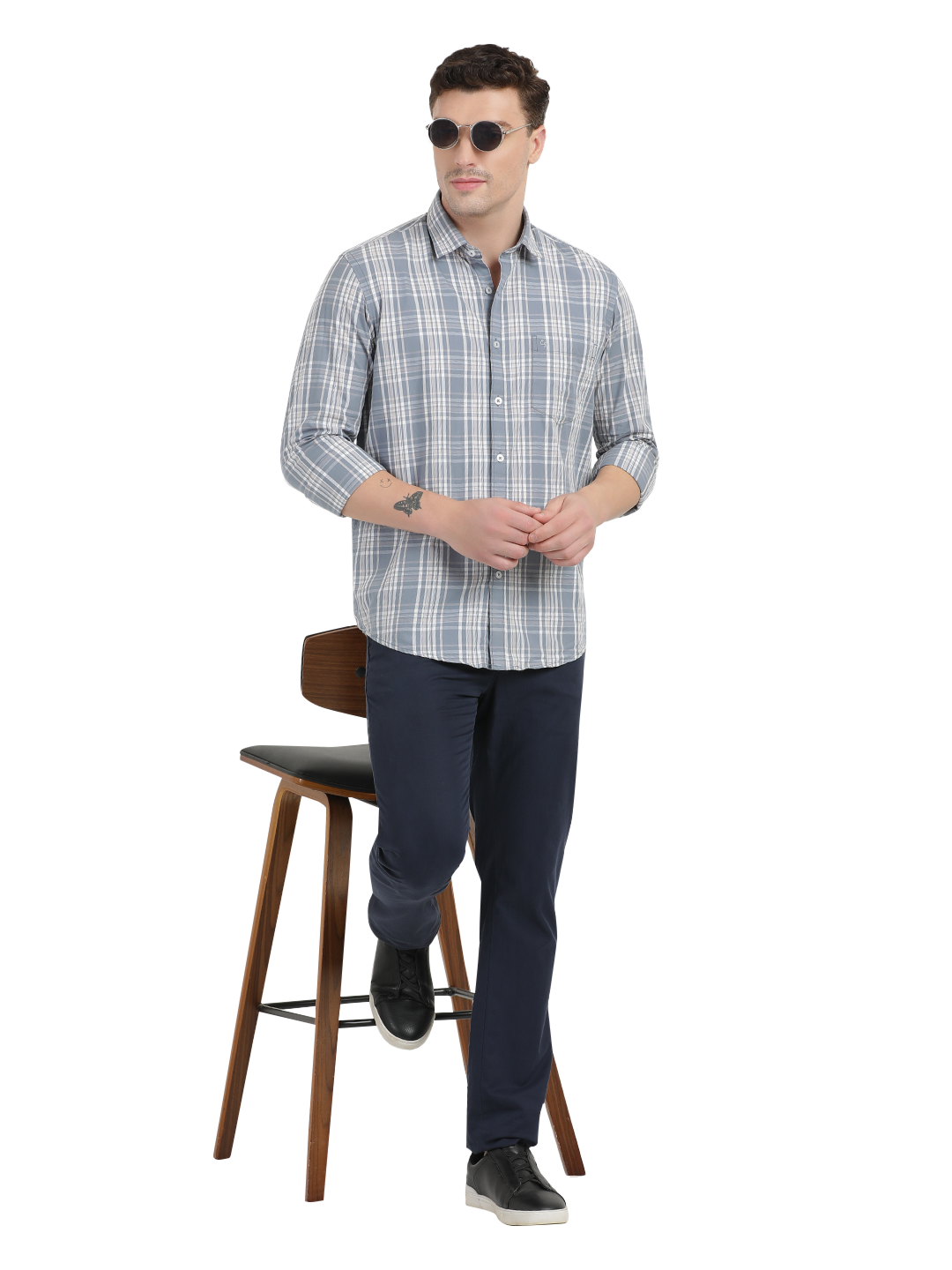 Sea Blue with White Checked Casual Shirt