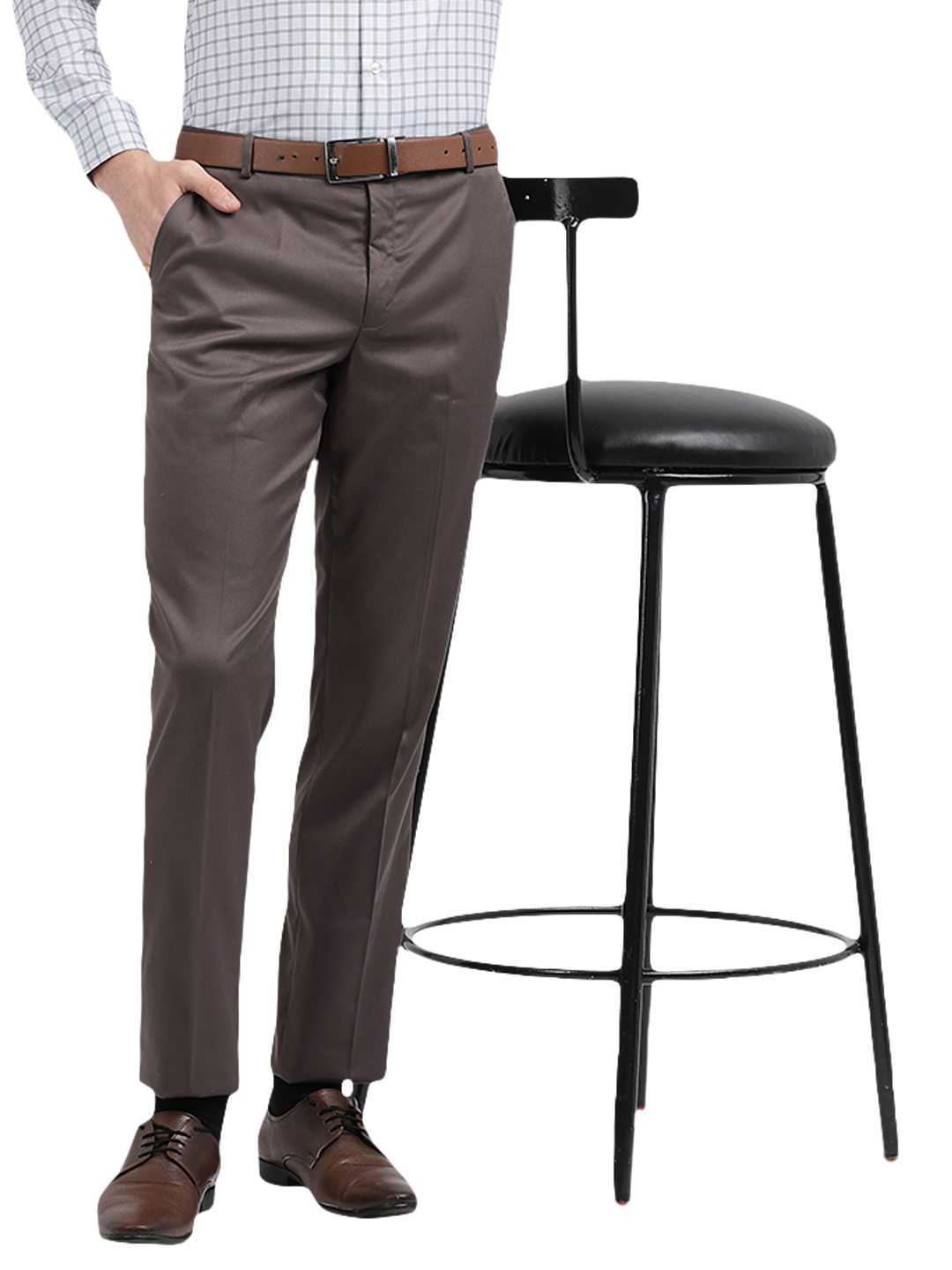Model wearing Clarke Gable's Grey Sharp Fit Trousers in a casual setting