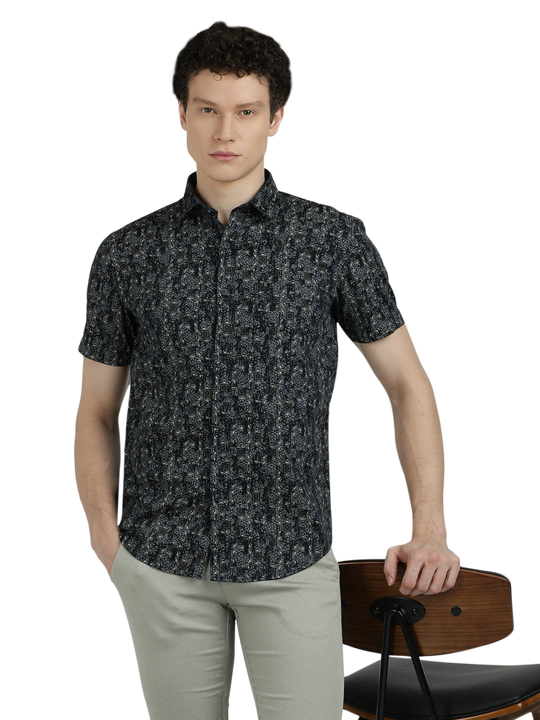 Navy Blue With Grey Printed Casual Shirt