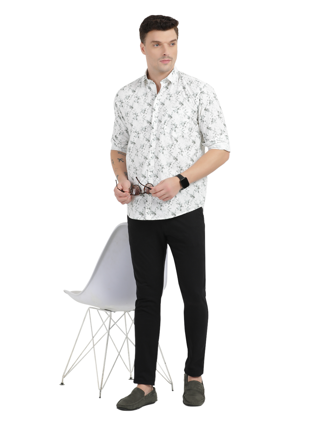 White with Grey Floral Casual Shirt