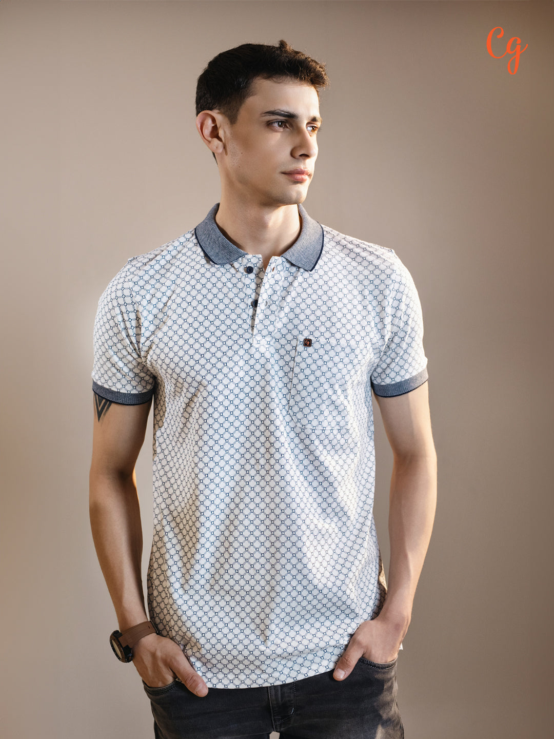 Navy Blue Textured Printed Polo T Shirt