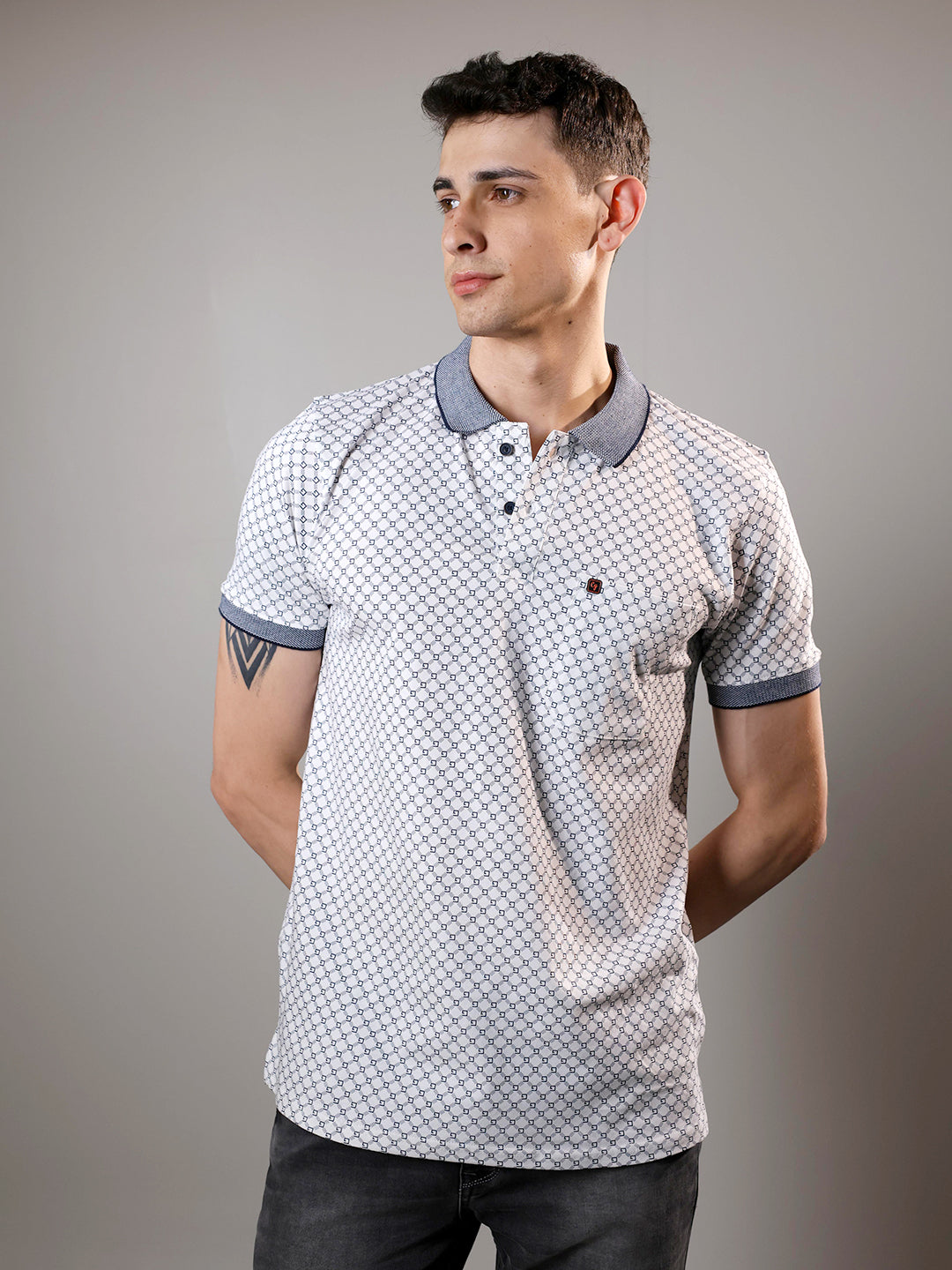 Navy Blue Textured Printed Polo T Shirt