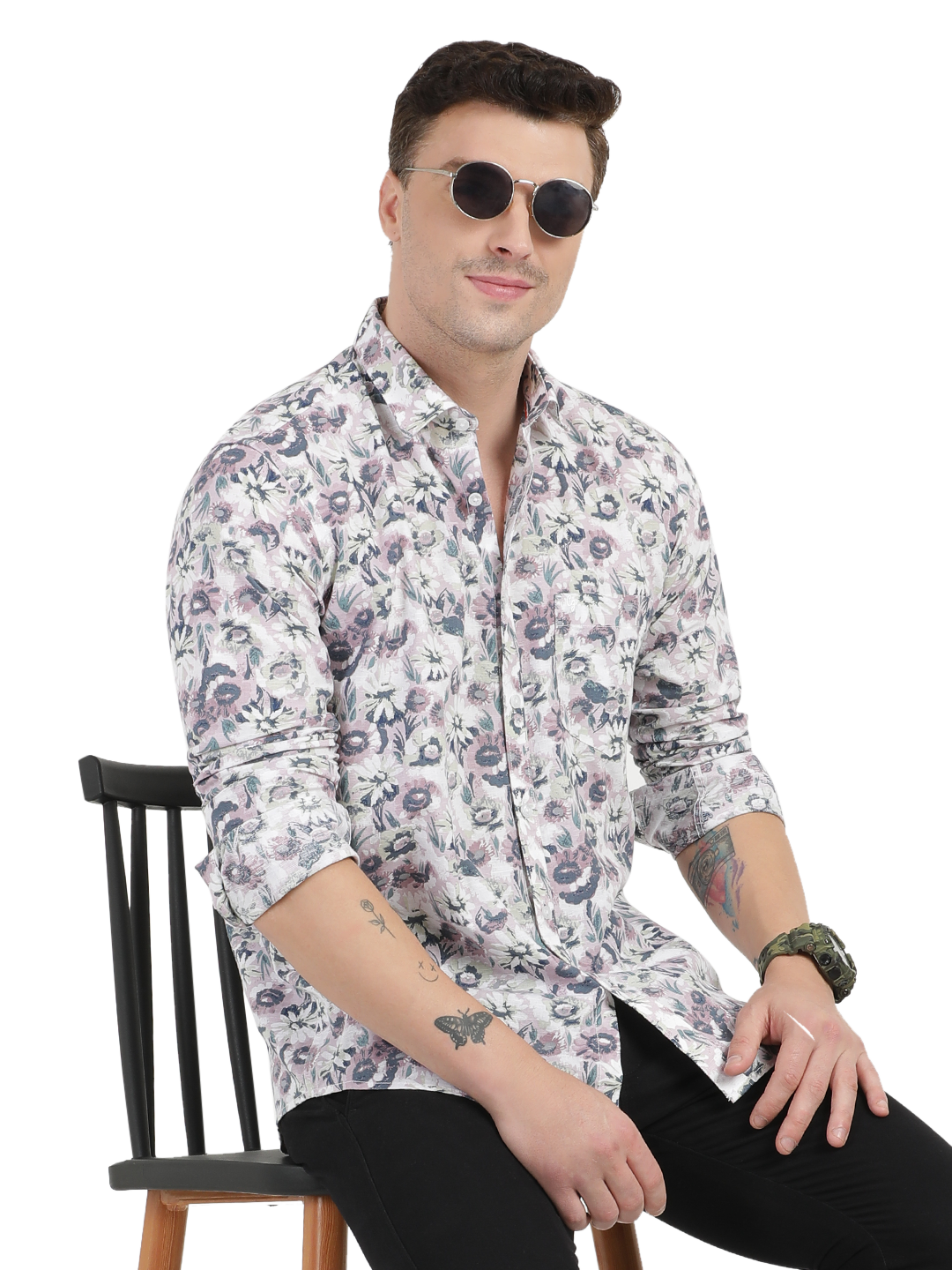 White with Pink Floral Printed Casual Shirt