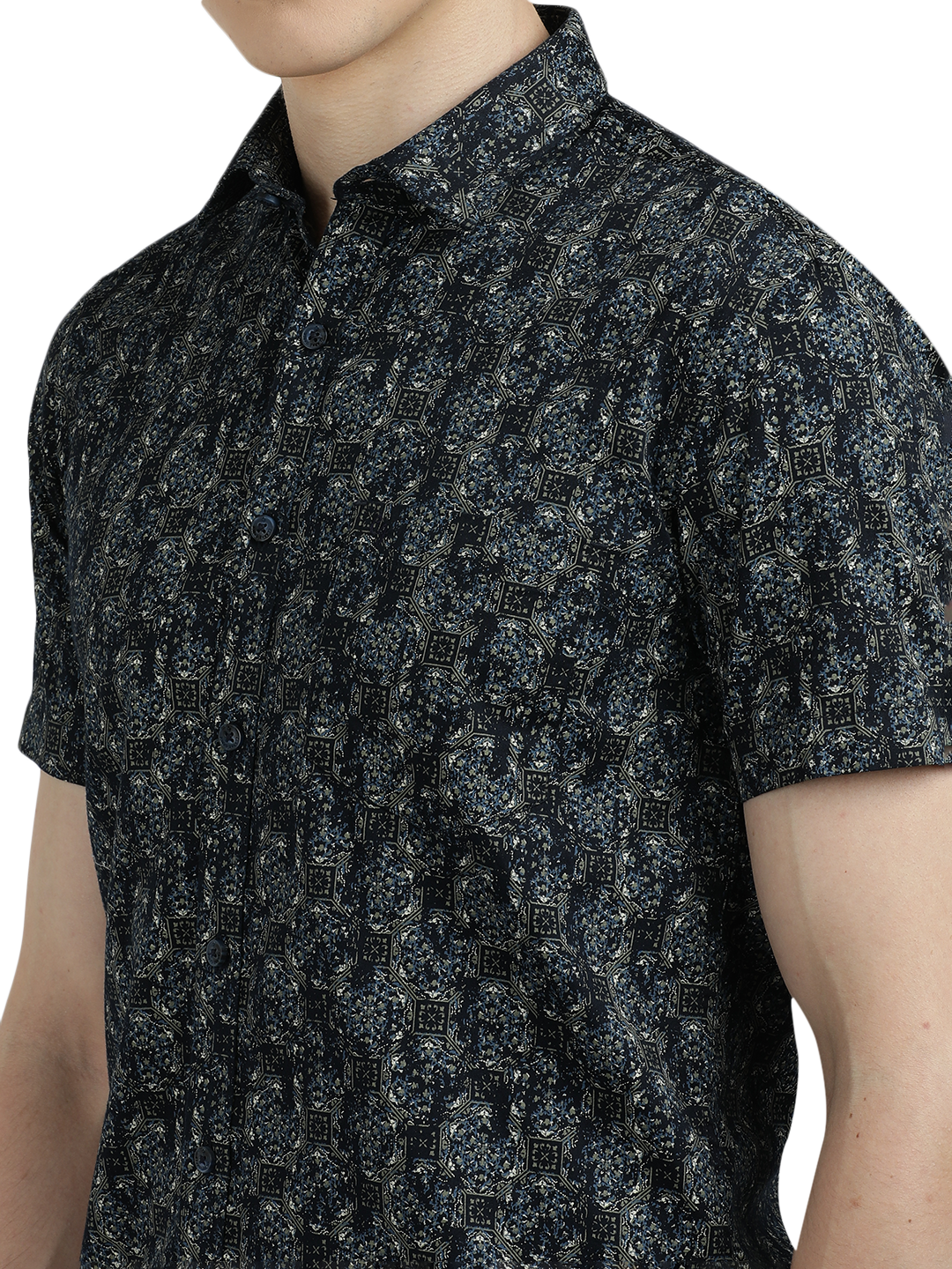 Navy Blue With Grey Printed Casual Shirt