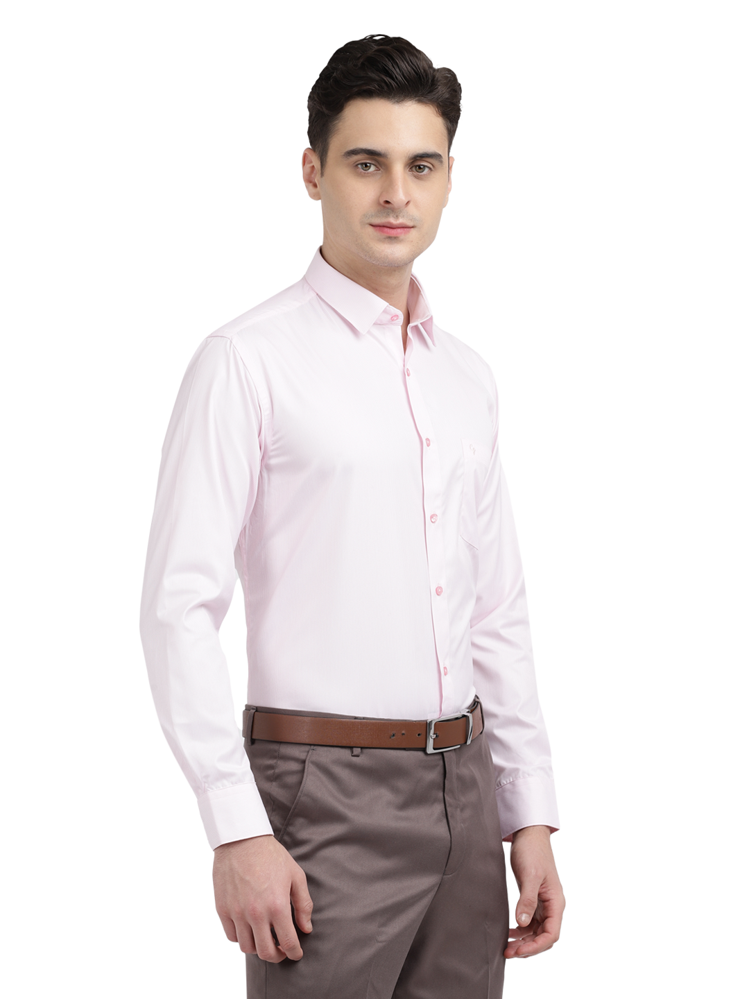 Model wearing Clarke Gable's Baby Pink Striped Formal Shirt in a casual setting