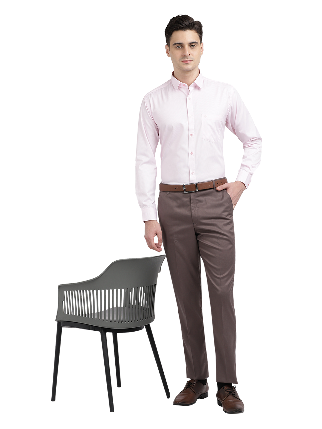 Model wearing Clarke Gable's Baby Pink Striped Formal Shirt in a casual setting