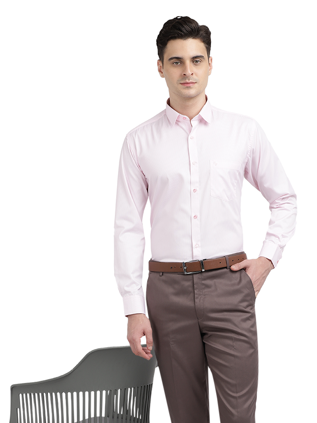 Model wearing Clarke Gable's Baby Pink Striped Formal Shirt in a casual setting