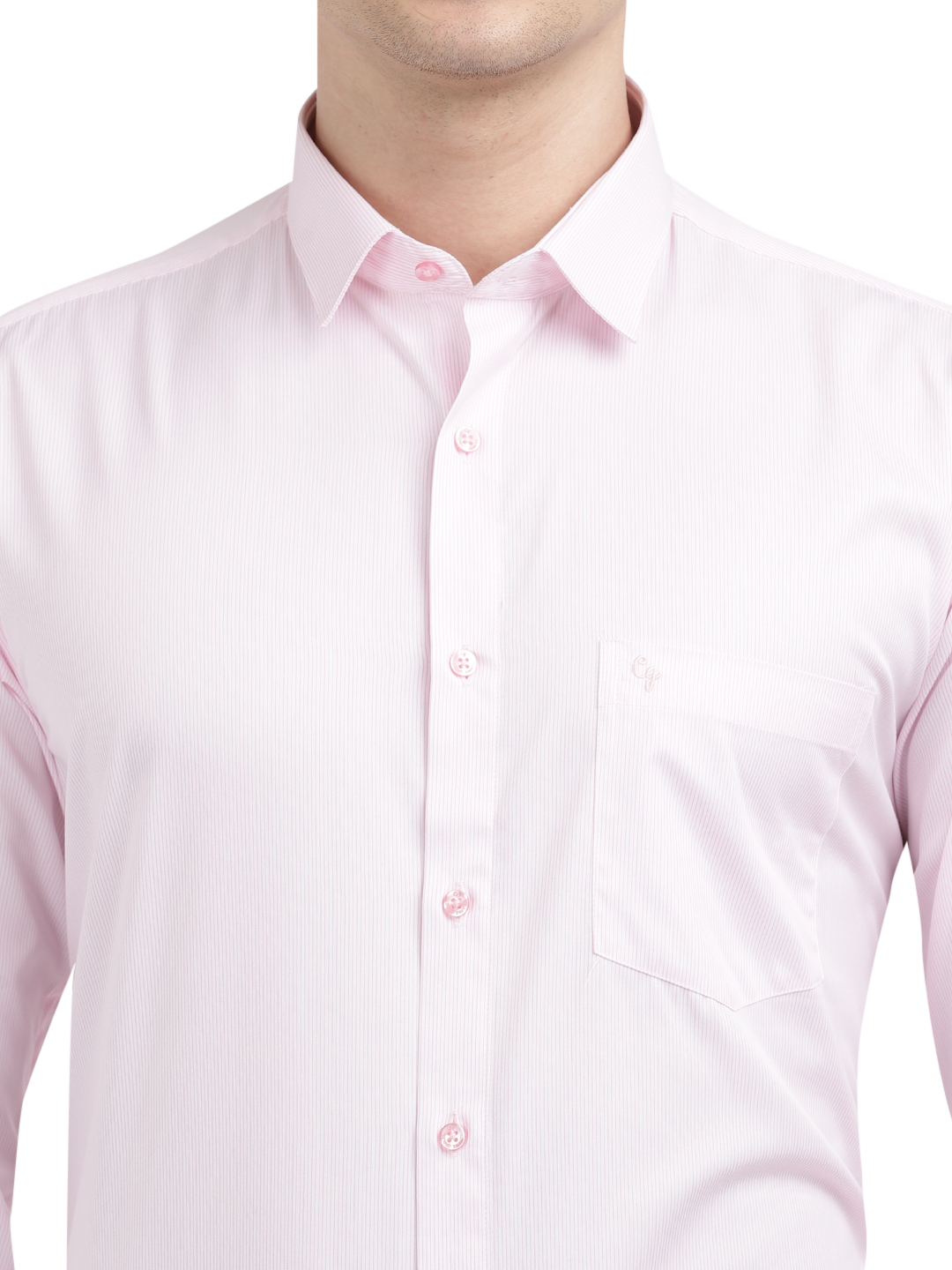 Model wearing Clarke Gable's Baby Pink Striped Formal Shirt in a casual setting