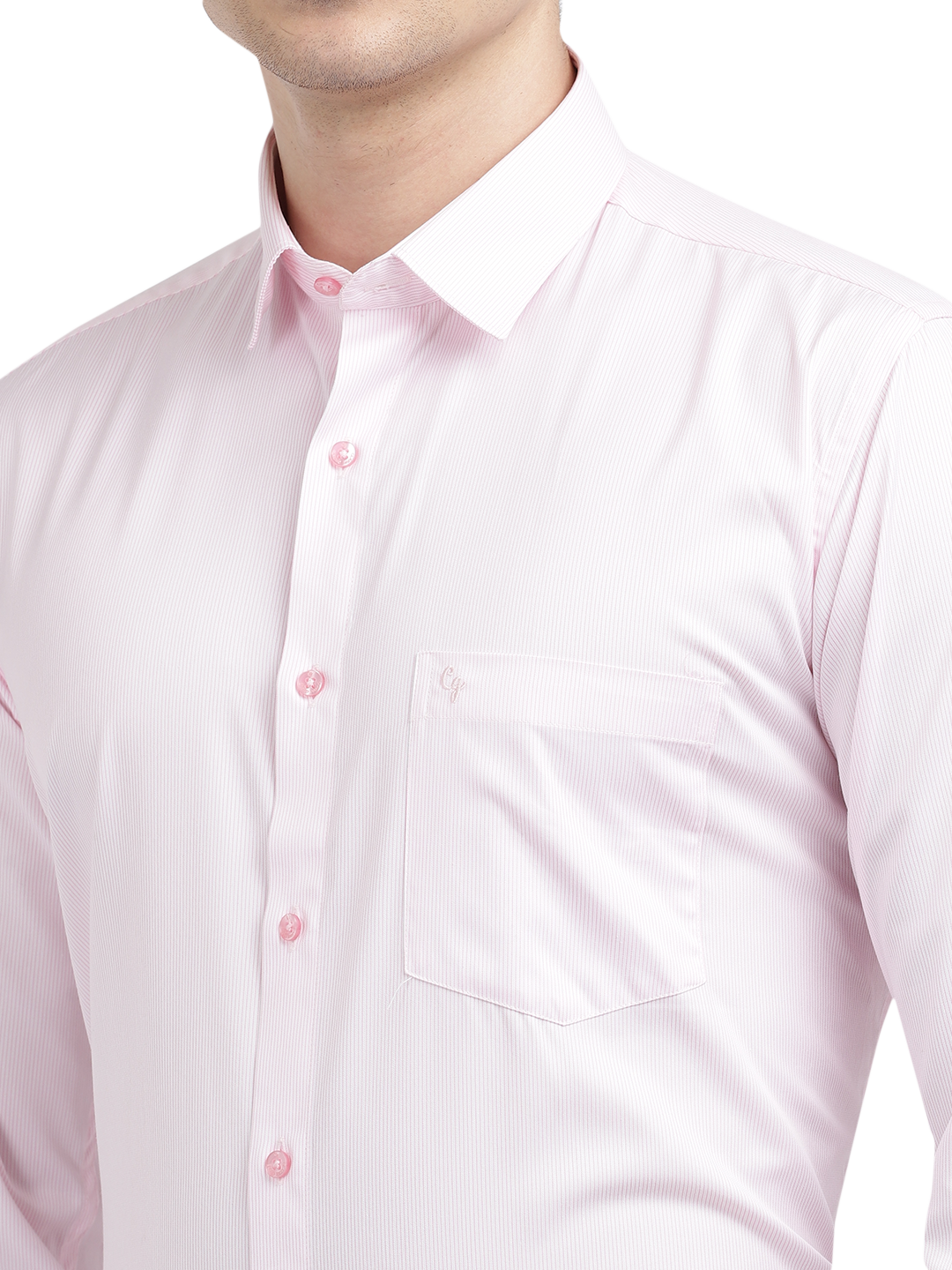 Model wearing Clarke Gable's Baby Pink Striped Formal Shirt in a casual setting