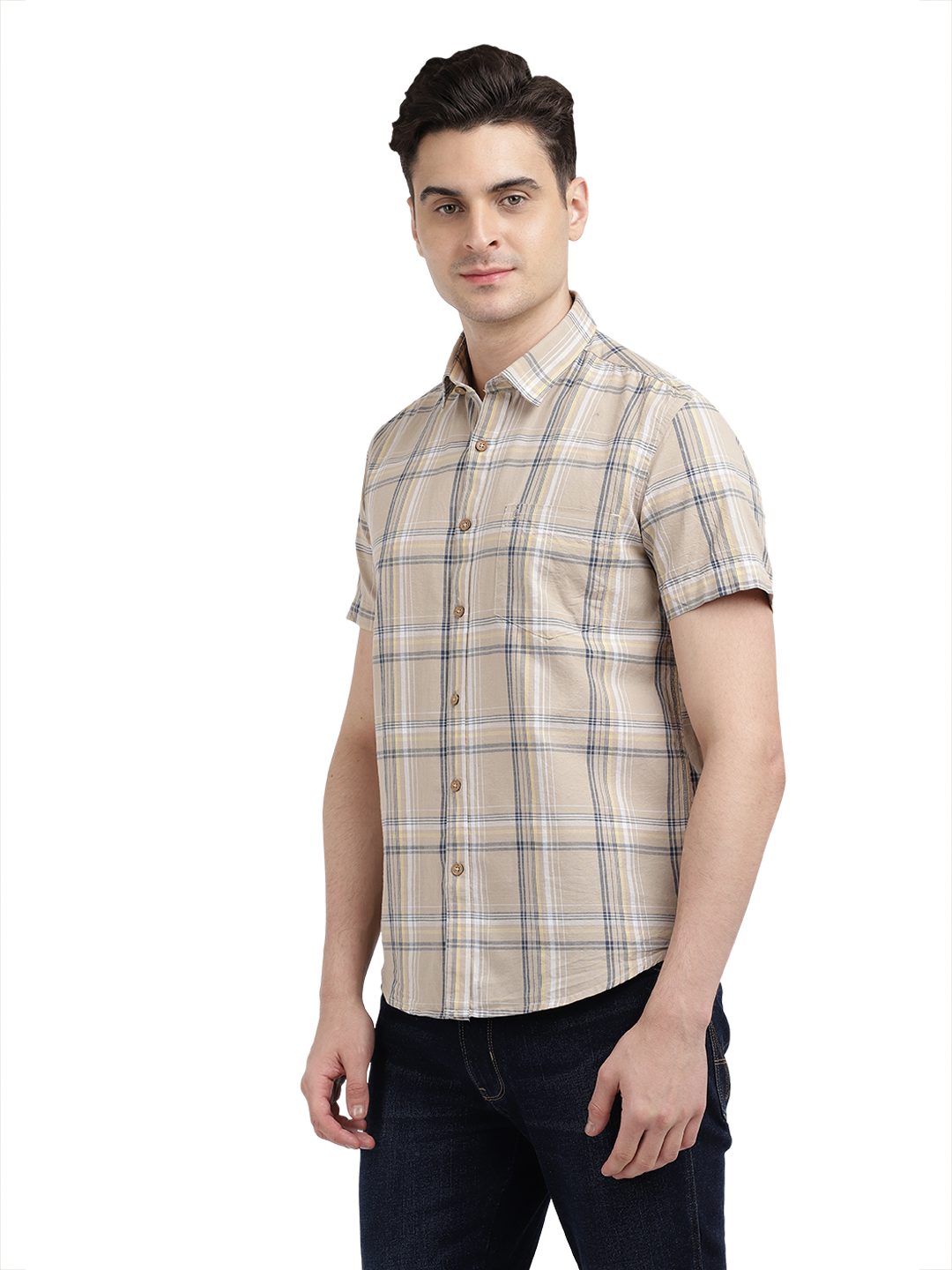 Model wearing Clarke Gable's Beige Checked Casual Shirt in a casual setting