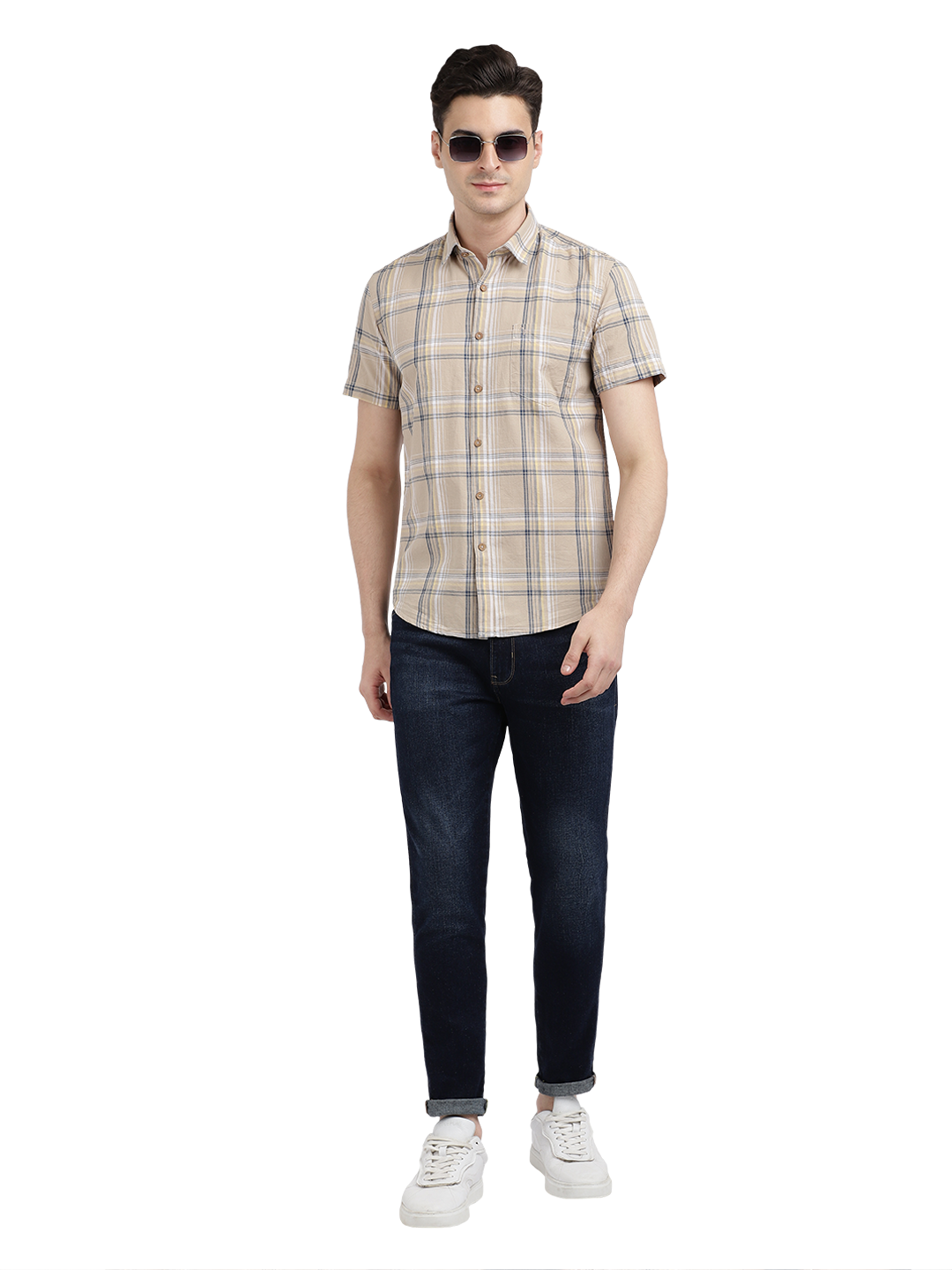 Model wearing Clarke Gable's Beige Checked Casual Shirt in a casual setting