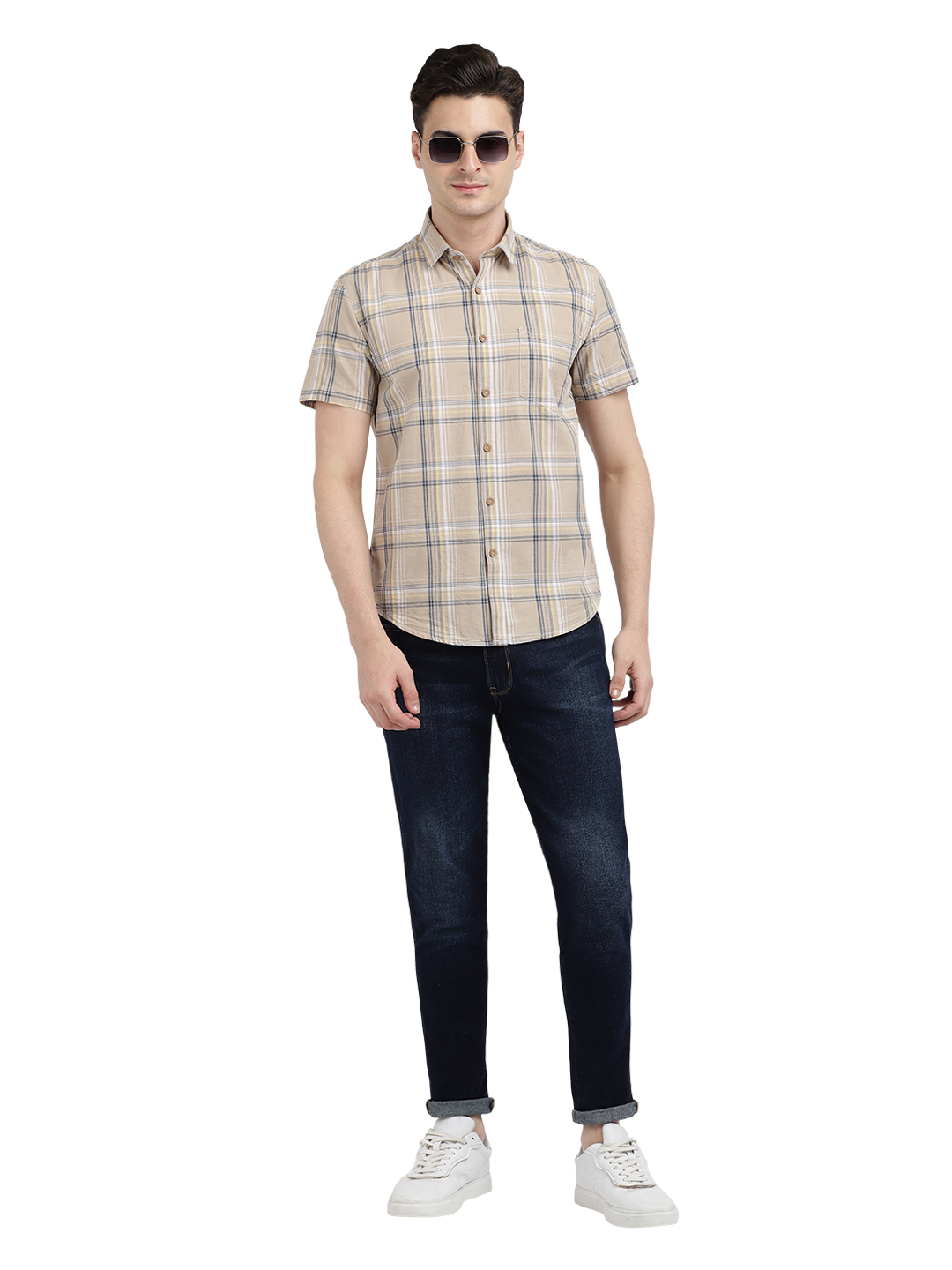 Model wearing Clarke Gable's Beige Checked Casual Shirt in a casual setting