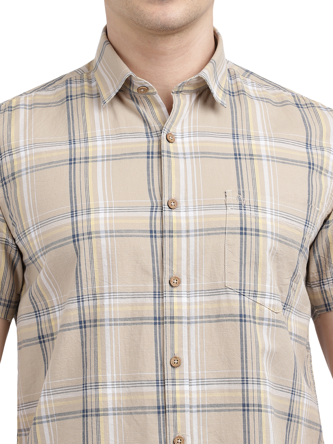 Model wearing Clarke Gable's Beige Checked Casual Shirt in a casual setting