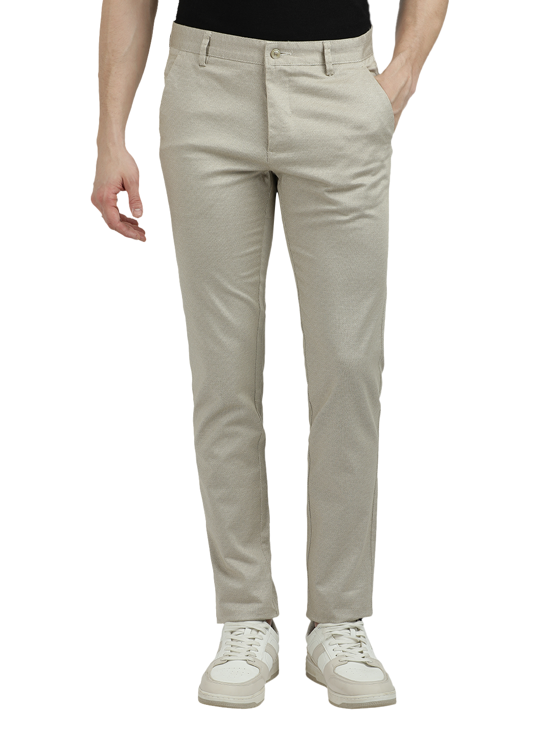Model wearing Clarke Gable's Beige Custom Fit Trousers in a casual setting