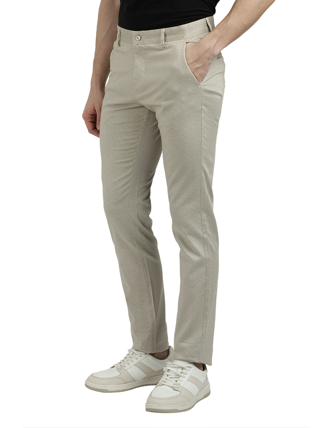 Model wearing Clarke Gable's Beige Custom Fit Trousers in a casual setting