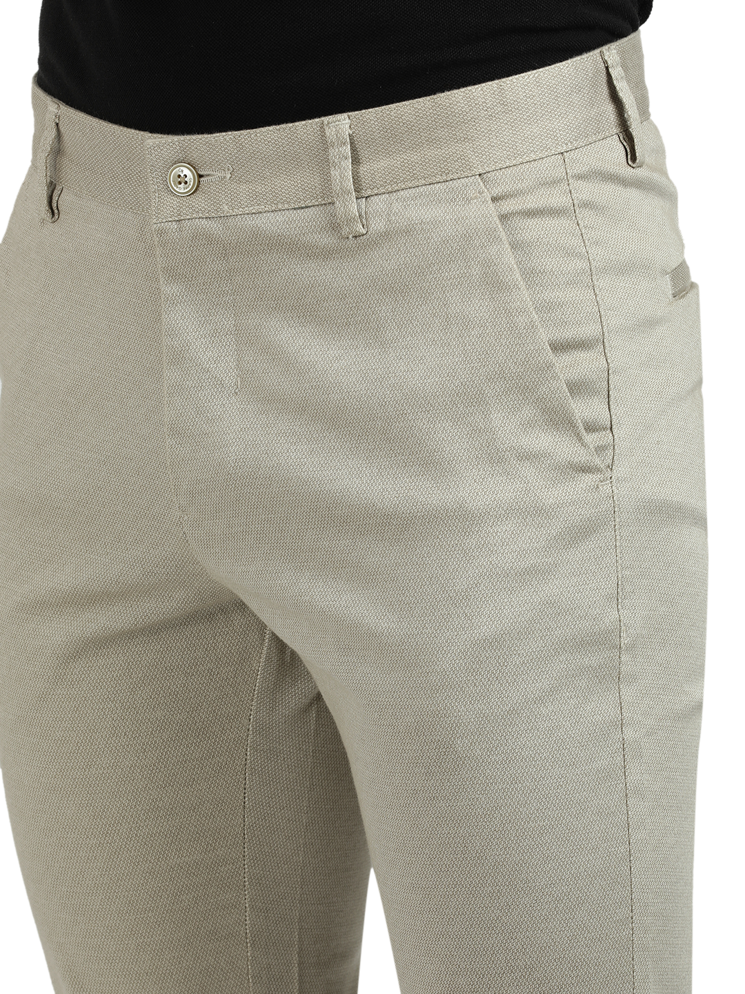 Model wearing Clarke Gable's Beige Custom Fit Trousers in a casual setting