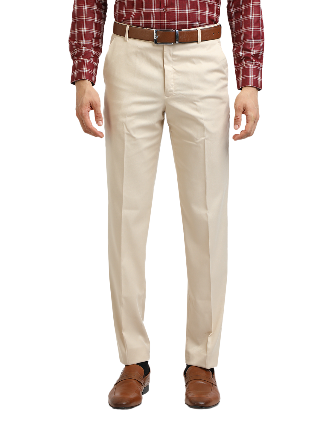 Model wearing Clarke Gable's Beige Sharp Fit Trousers in a casual setting