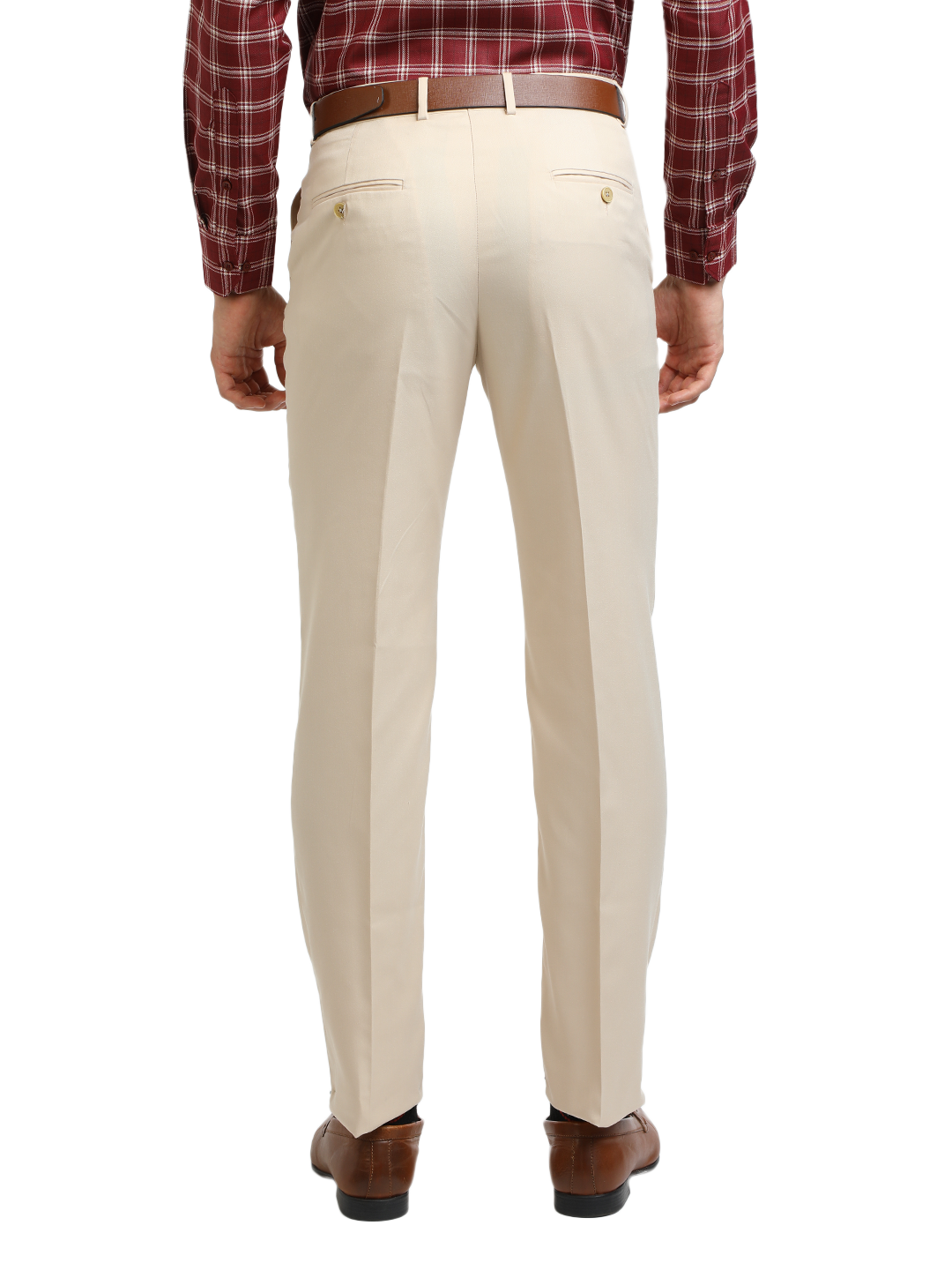 Model wearing Clarke Gable's Beige Sharp Fit Trousers in a casual setting