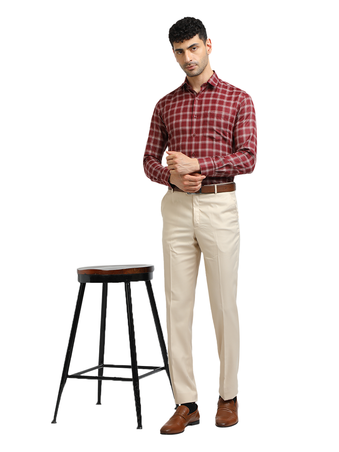 Model wearing Clarke Gable's Beige Sharp Fit Trousers in a casual setting