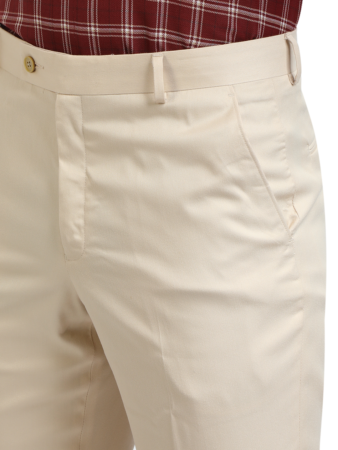 Model wearing Clarke Gable's Beige Sharp Fit Trousers in a casual setting