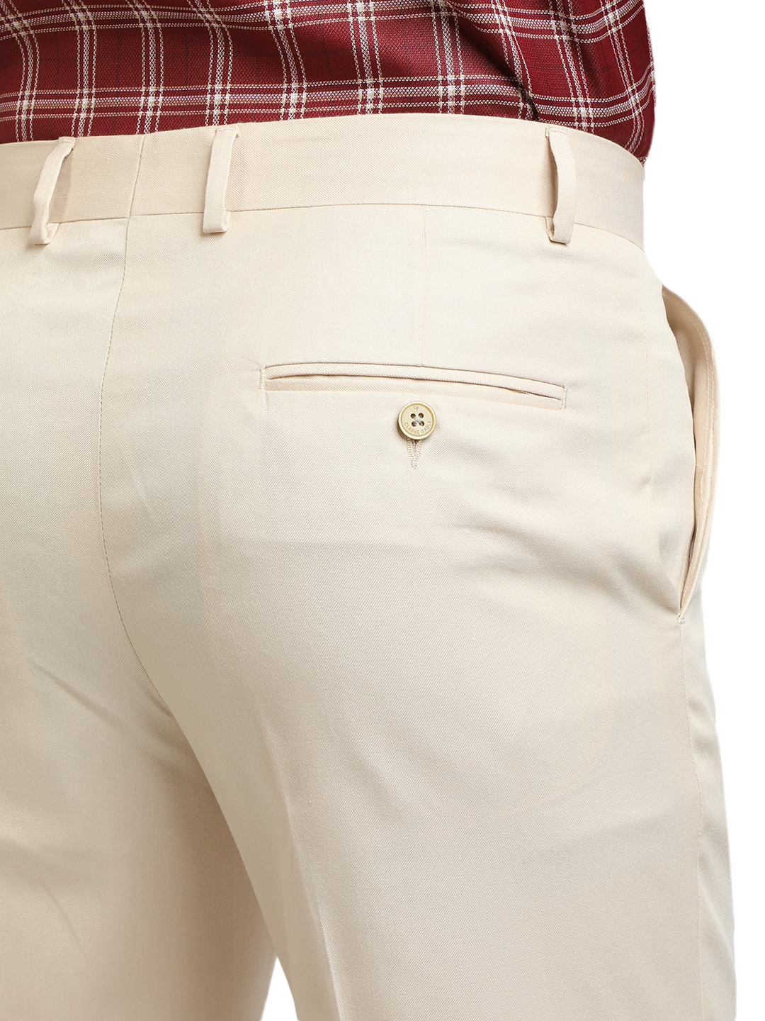 Model wearing Clarke Gable's Beige Sharp Fit Trousers in a casual setting