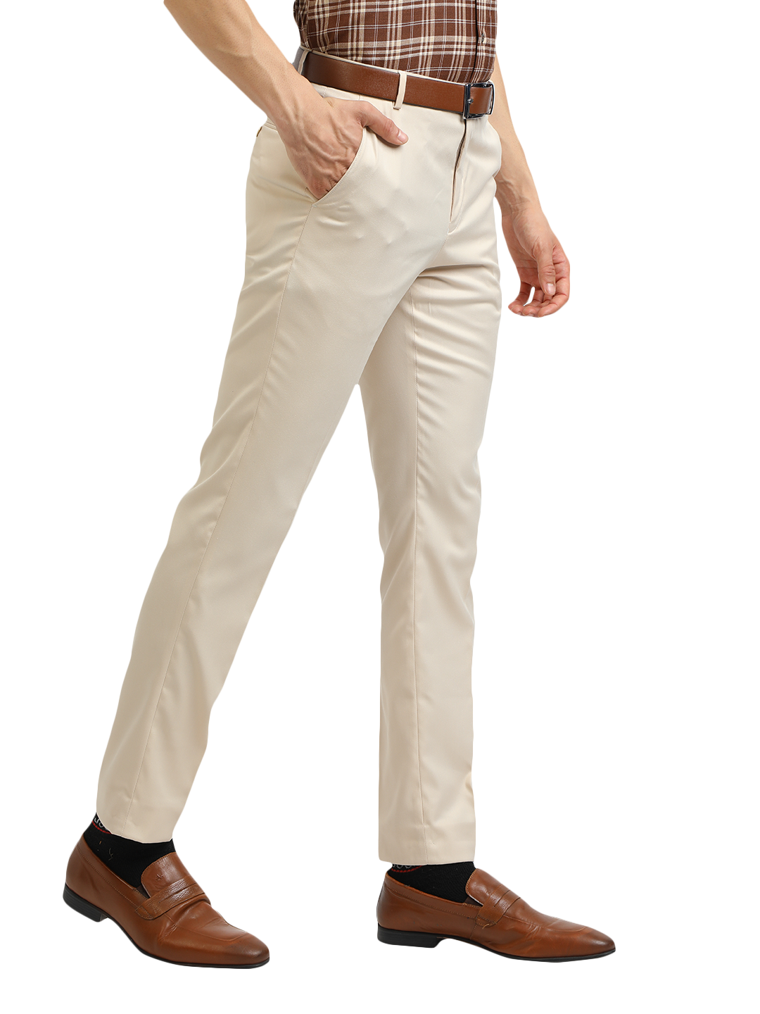 Model wearing Clarke Gable's Beige Smart Fit Trousers in a casual setting