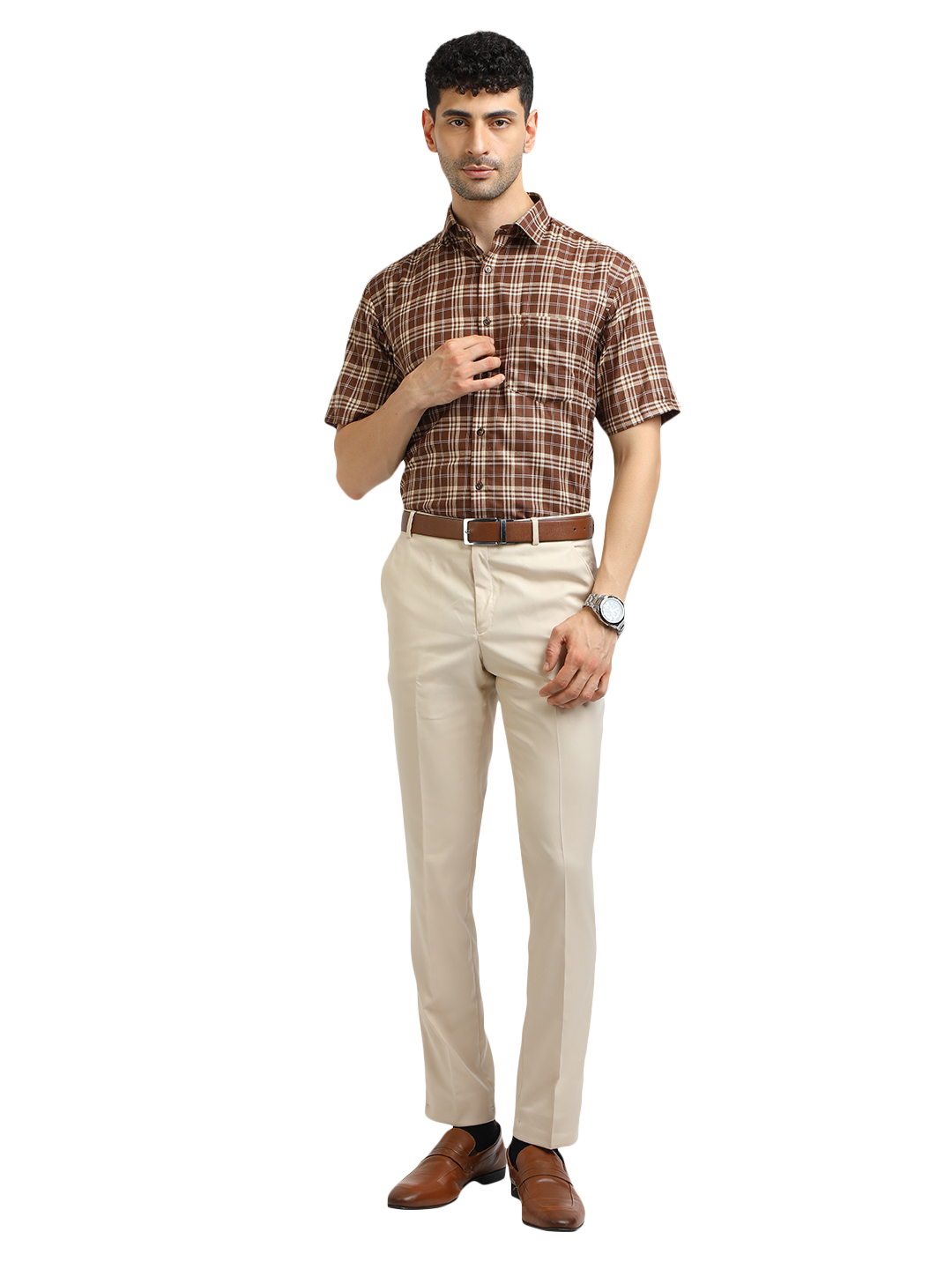 Model wearing Clarke Gable's Beige Smart Fit Trousers in a casual setting