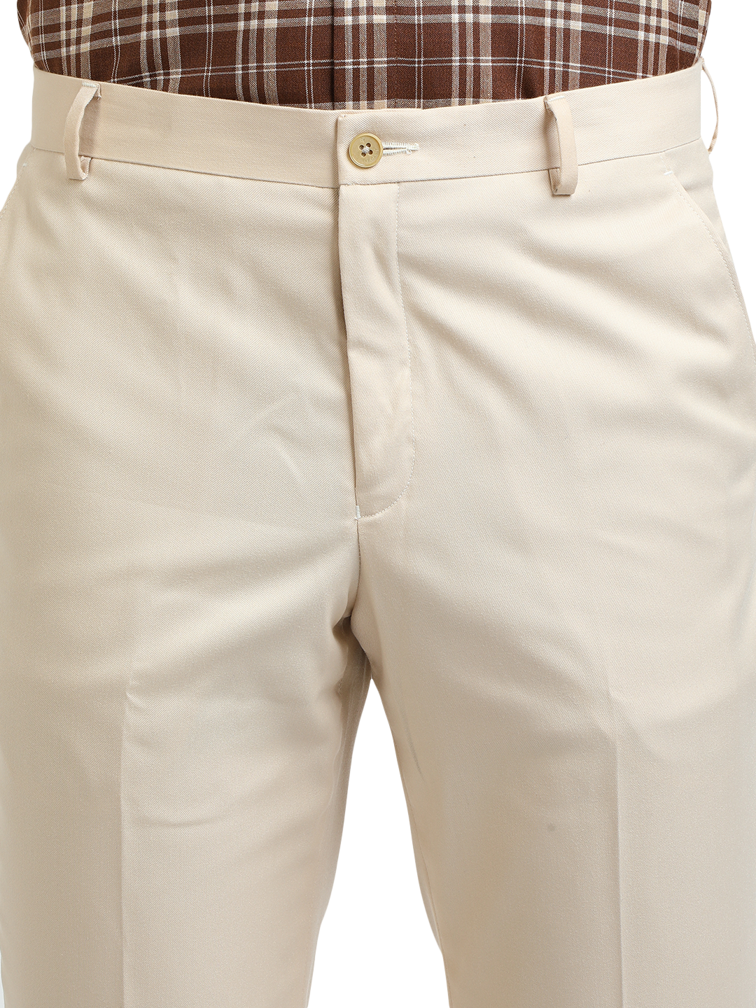 Model wearing Clarke Gable's Beige Smart Fit Trousers in a casual setting