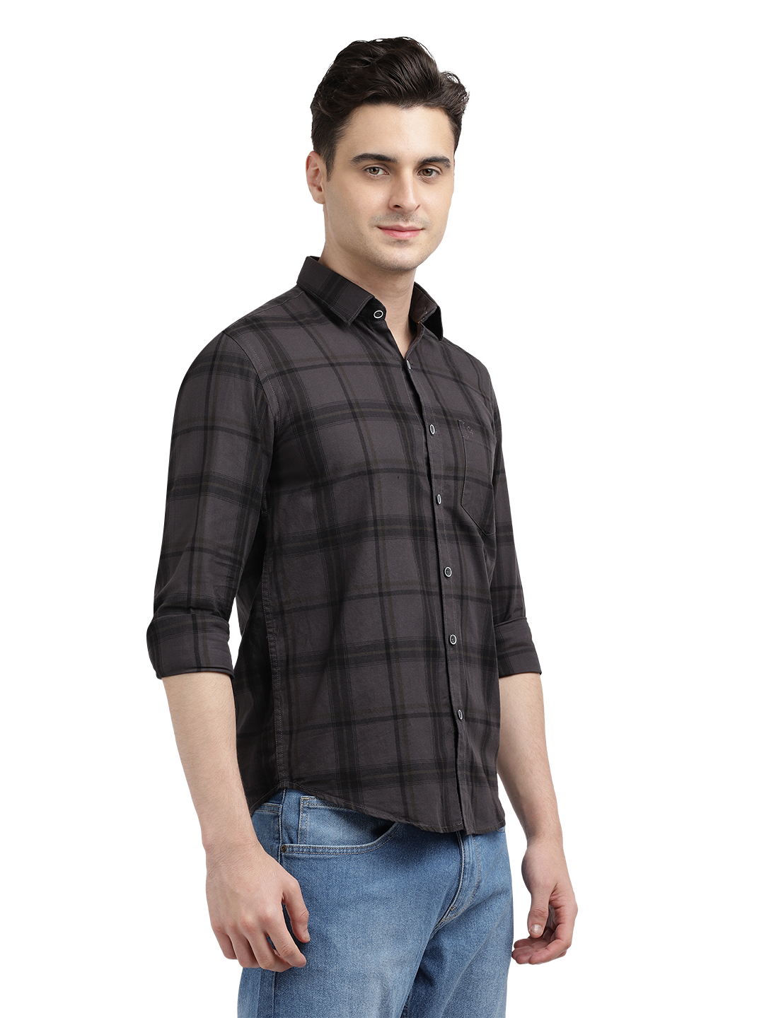 Model wearing Clarke Gable's Black Checked Casual Shirt in a casual setting
